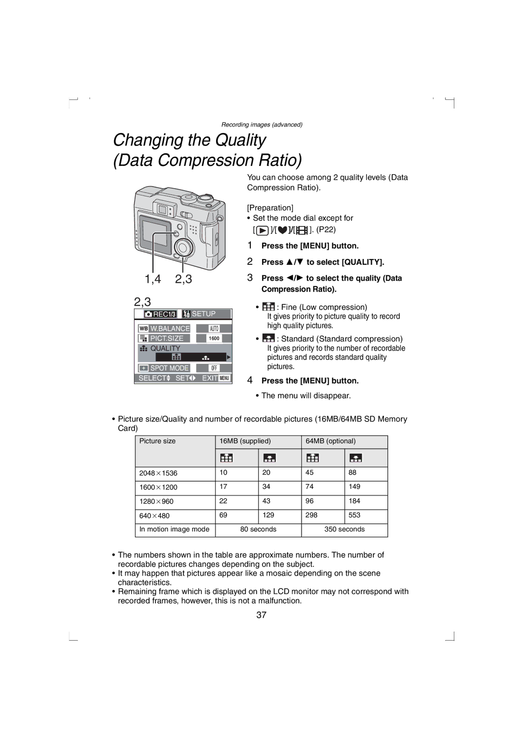 Panasonic DMC-LC33PP operating instructions Changing the Quality Data Compression Ratio 