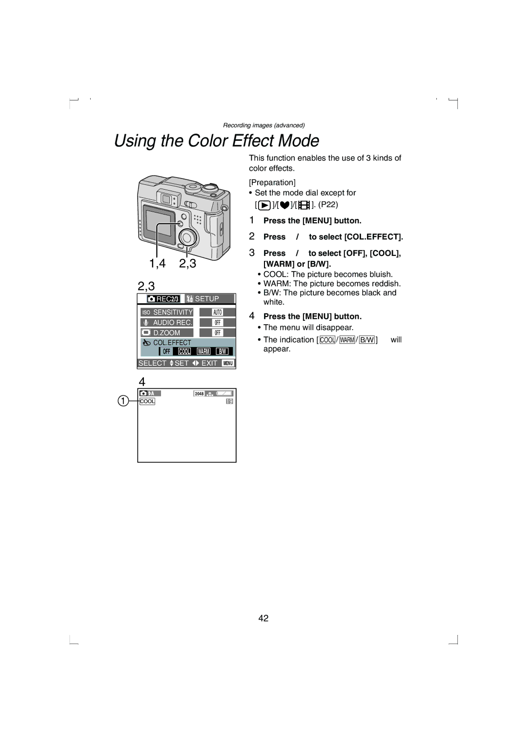 Panasonic DMC-LC33PP operating instructions Using the Color Effect Mode, 2,3 