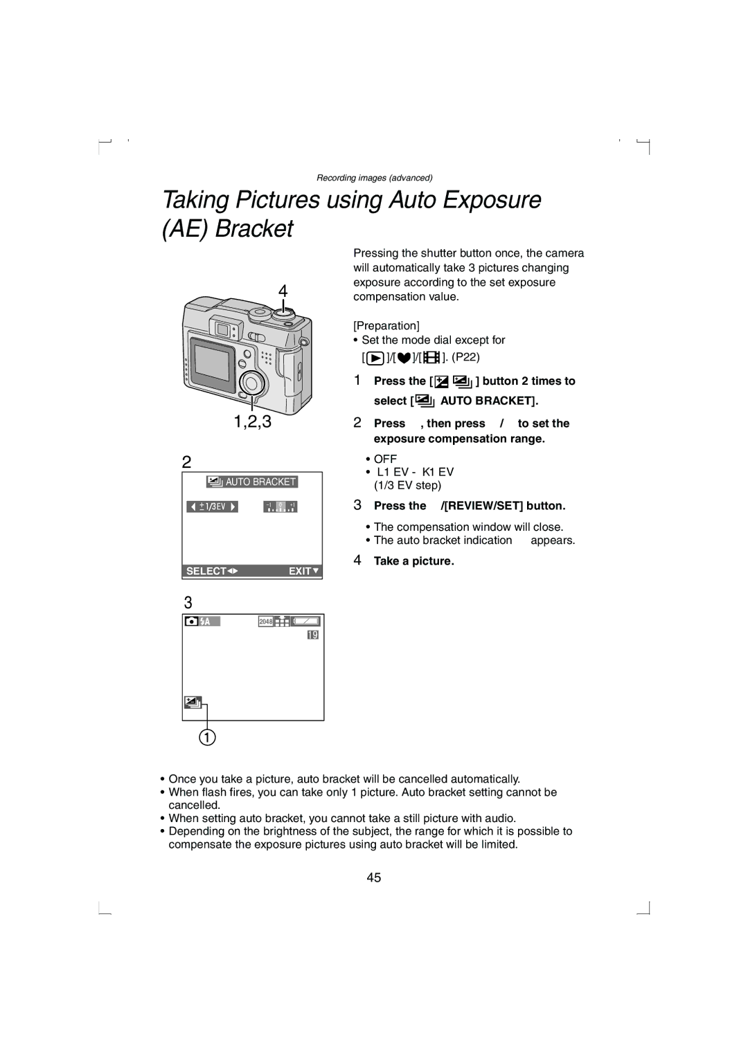 Panasonic DMC-LC33PP operating instructions Taking Pictures using Auto Exposure AE Bracket 