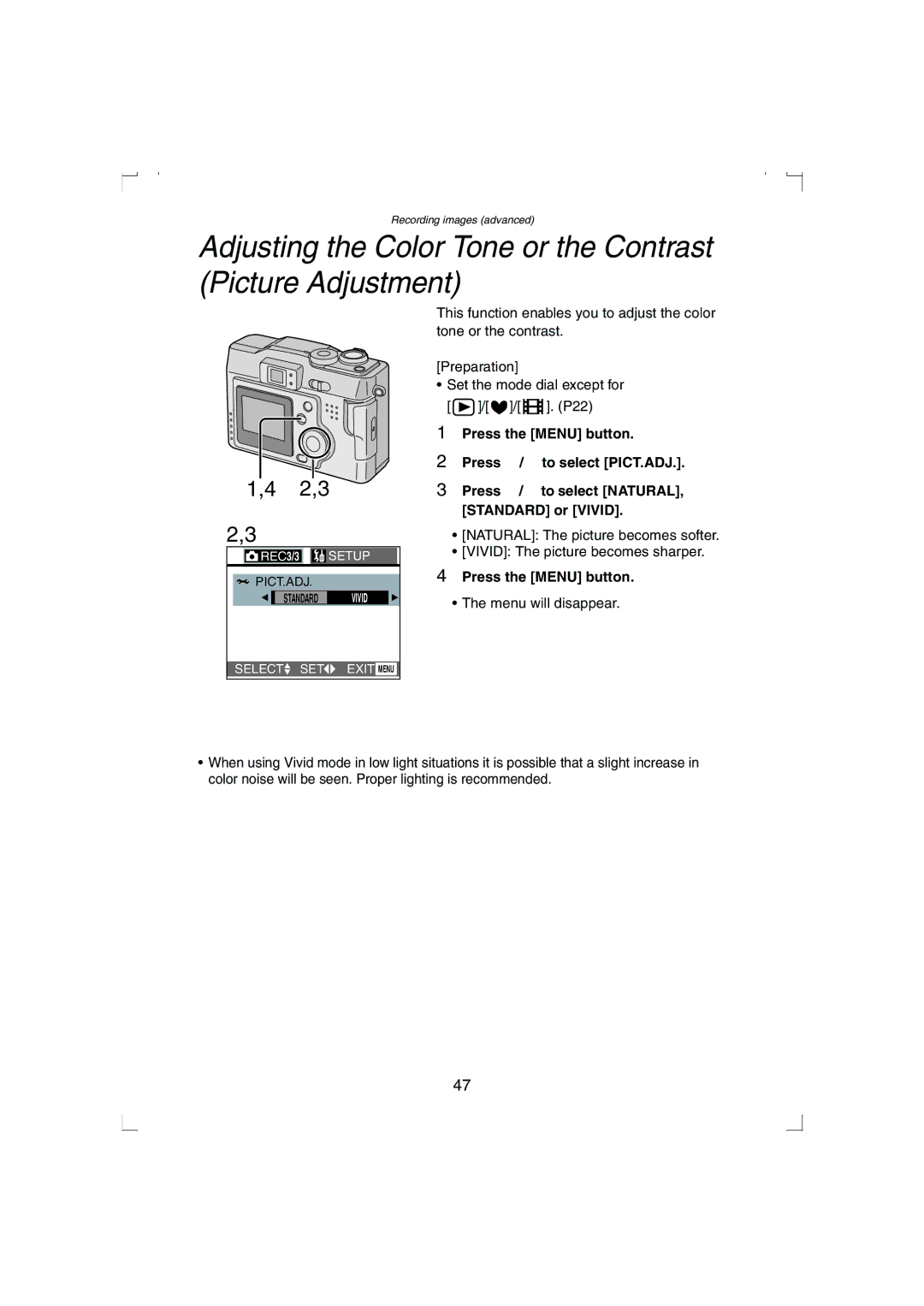 Panasonic DMC-LC33PP operating instructions Adjusting the Color Tone or the Contrast Picture Adjustment, 2,3 