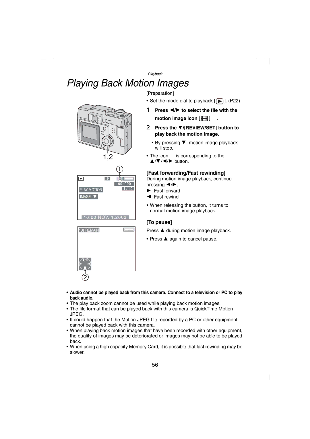 Panasonic DMC-LC33PP operating instructions Playing Back Motion Images, To pause 