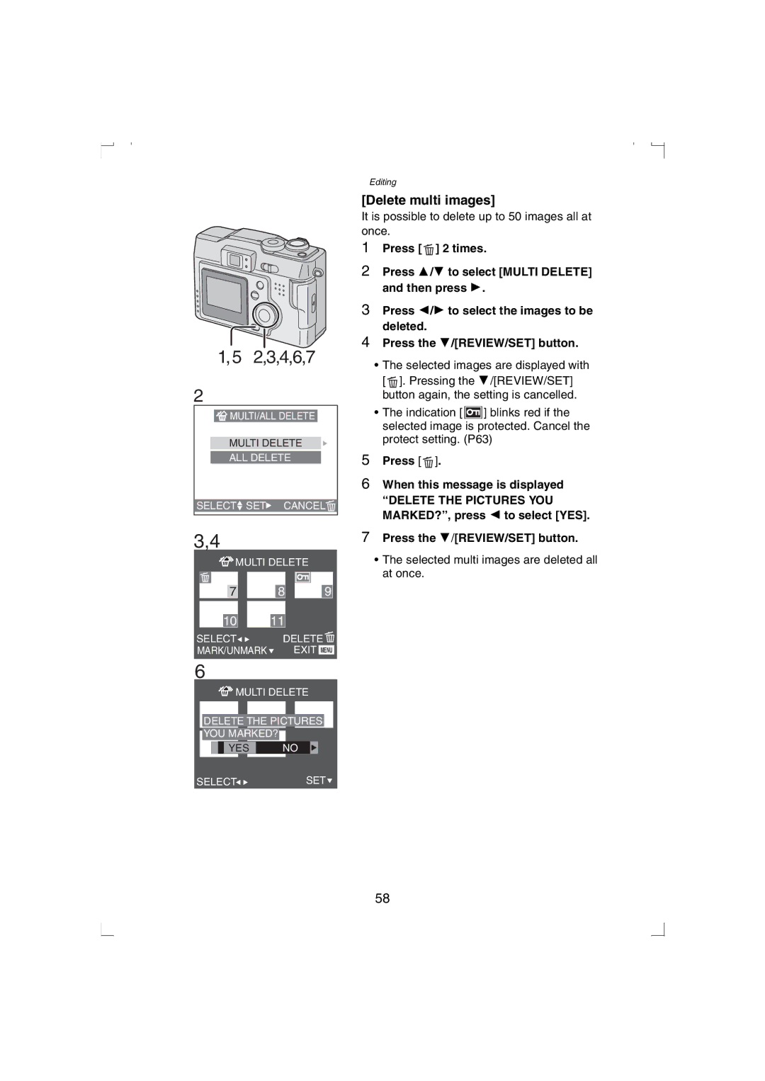 Panasonic DMC-LC33PP operating instructions 4,6,7, Delete multi images 