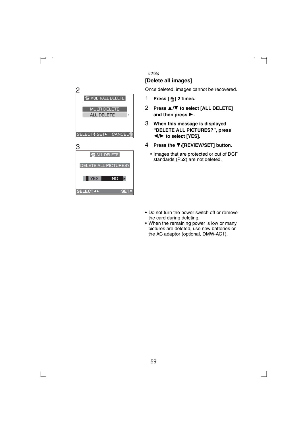 Panasonic DMC-LC33PP operating instructions Delete all images 