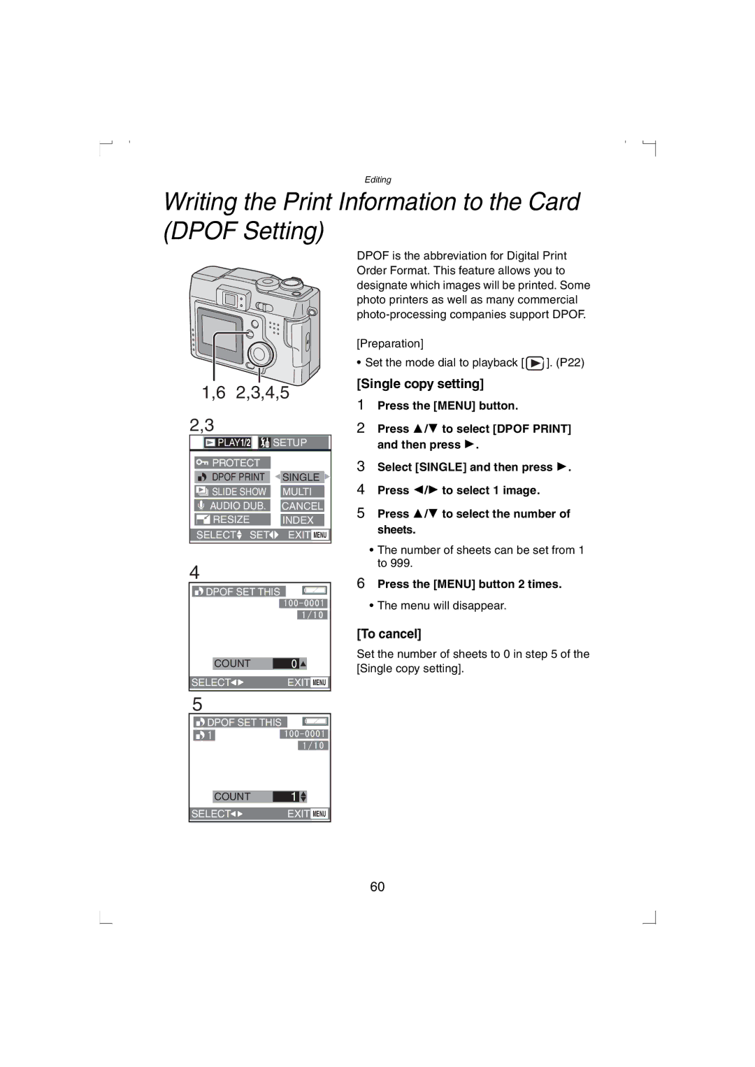 Panasonic DMC-LC33PP Writing the Print Information to the Card Dpof Setting, 2,3,4,5, Single copy setting, To cancel 