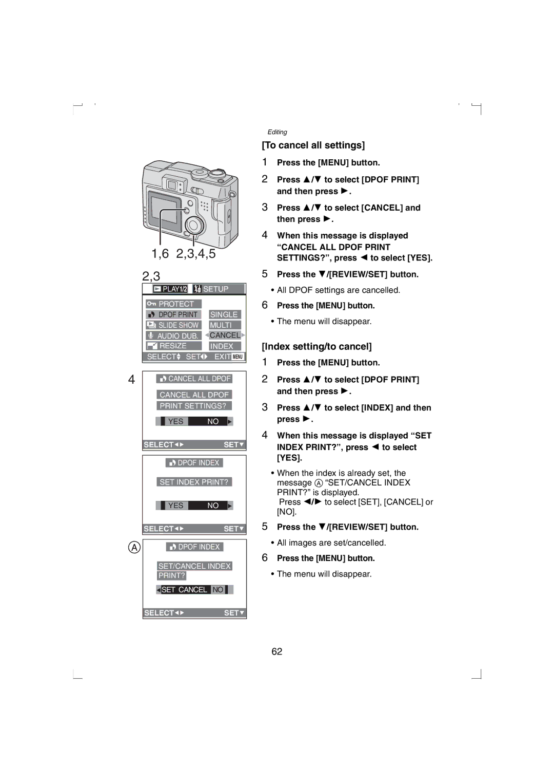 Panasonic DMC-LC33PP operating instructions To cancel all settings, Index setting/to cancel 