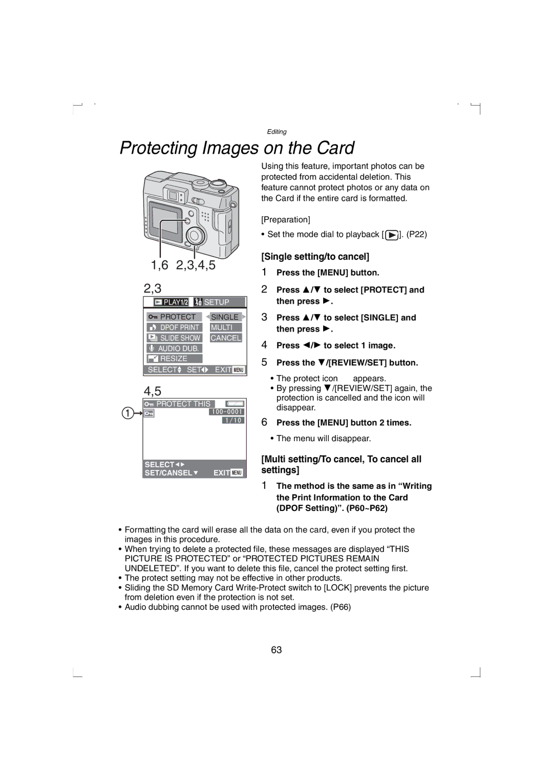 Panasonic DMC-LC33PP operating instructions Protecting Images on the Card, Single setting/to cancel 