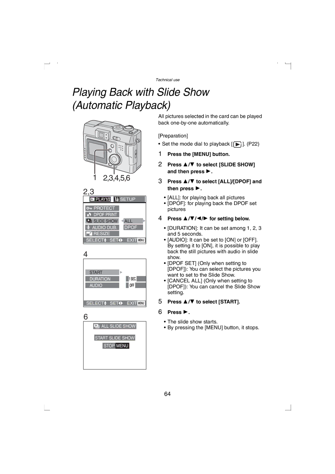 Panasonic DMC-LC33PP Playing Back with Slide Show Automatic Playback, 3,4,5,6, Press 3/4/2/1 for setting below 