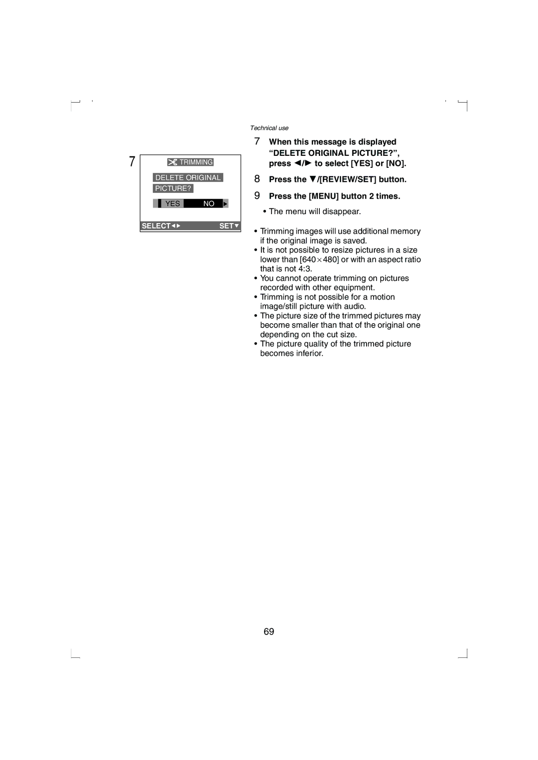 Panasonic DMC-LC33PP operating instructions Trimming Delete Original PICTURE? 