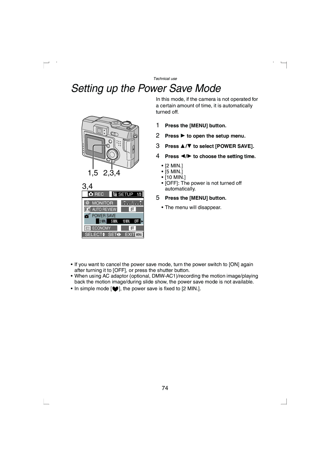 Panasonic DMC-LC33PP operating instructions Setting up the Power Save Mode, Press the Menu button 