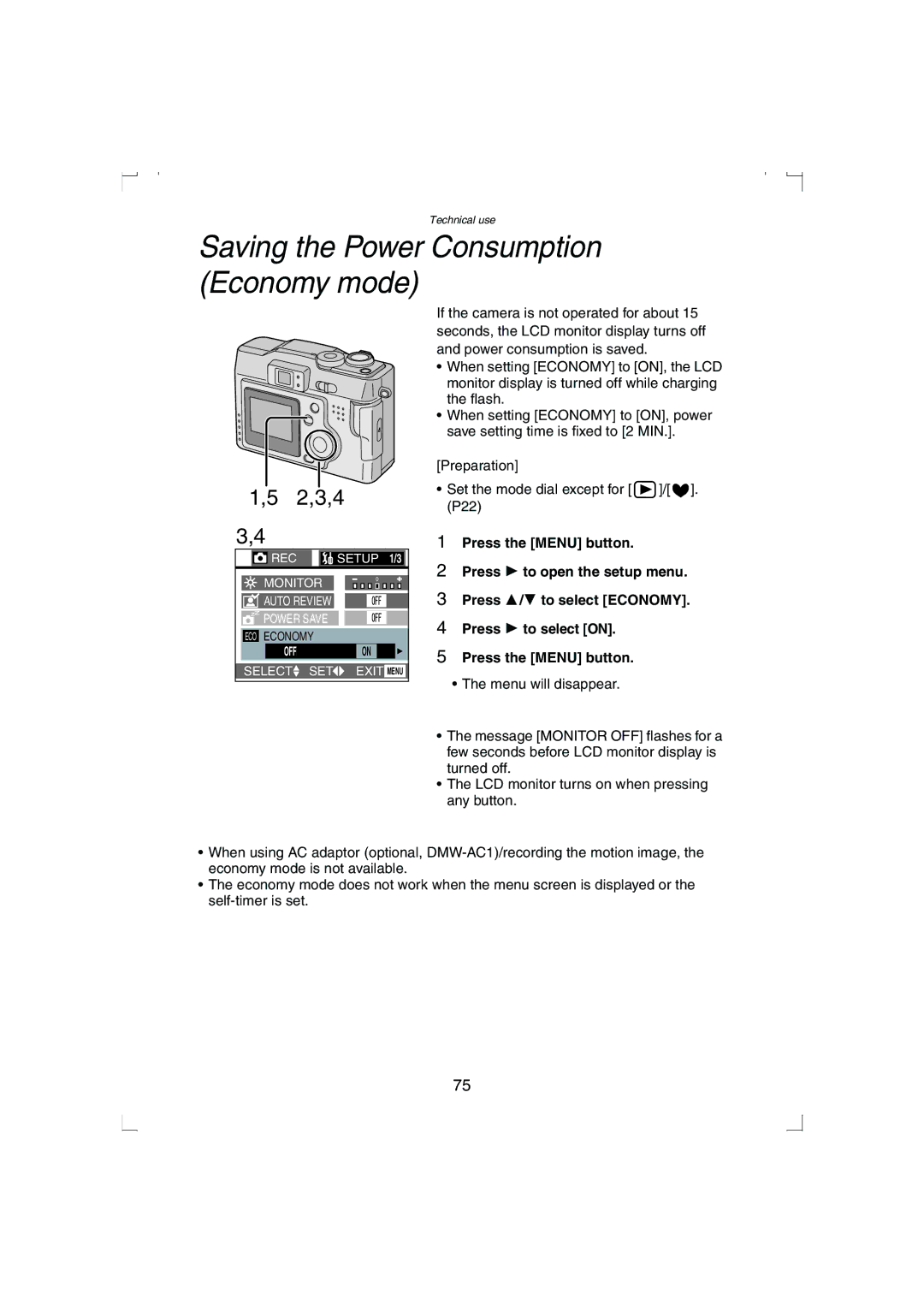 Panasonic DMC-LC33PP operating instructions Saving the Power Consumption Economy mode 