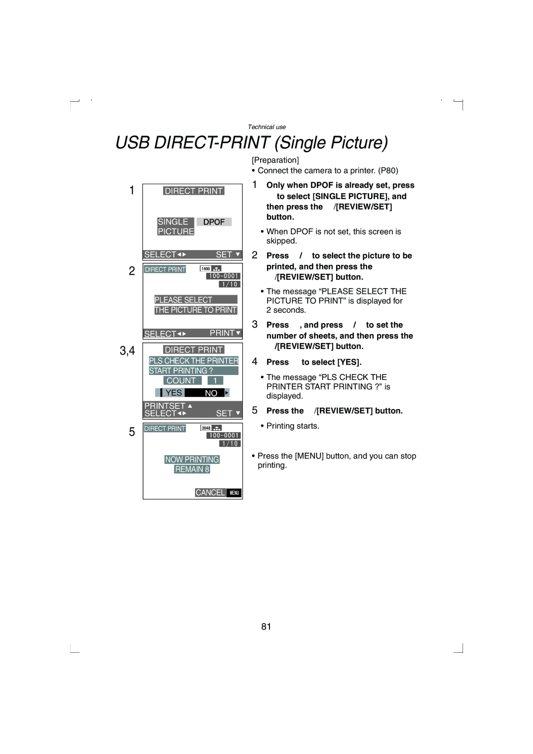 Panasonic DMC-LC33PP operating instructions USB DIRECT-PRINT Single Picture, Press 2/1 to select the picture to be 