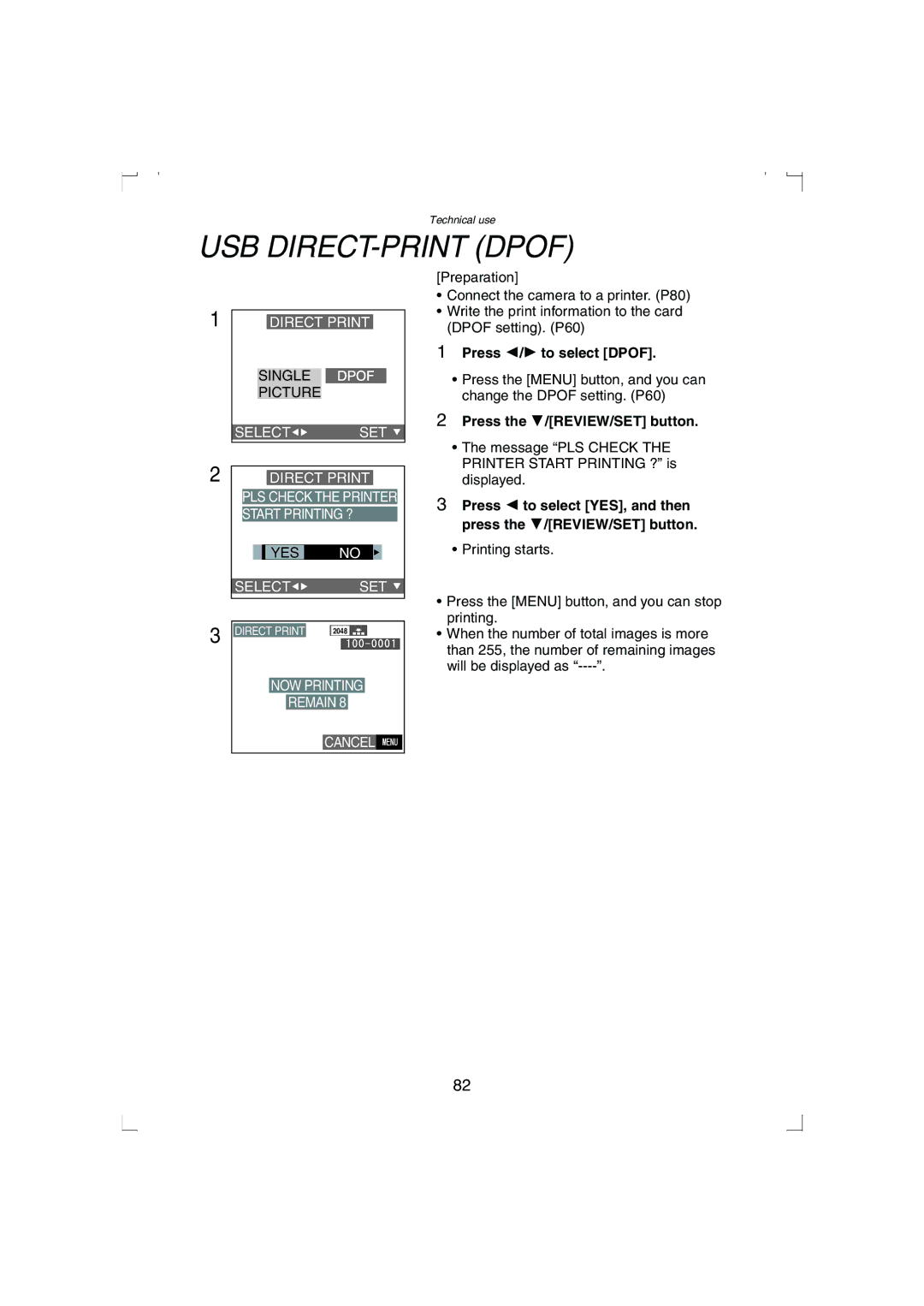 Panasonic DMC-LC33PP operating instructions USB DIRECT-PRINT Dpof, Press 2/1 to select Dpof 