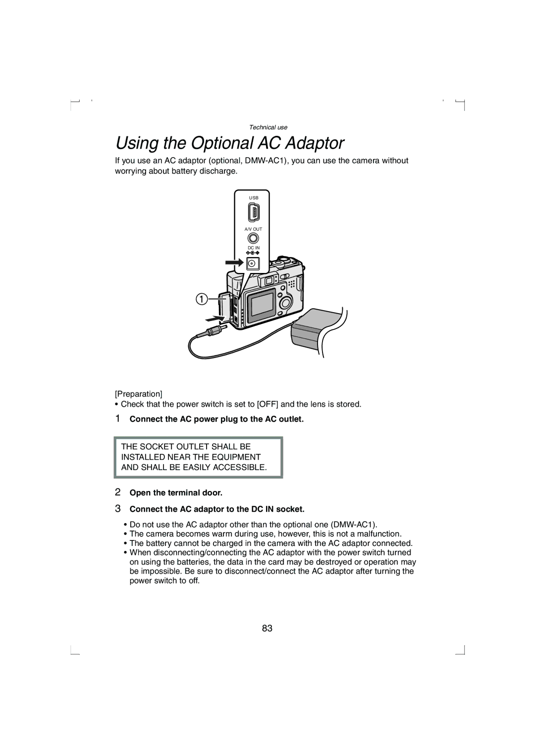 Panasonic DMC-LC33PP operating instructions Using the Optional AC Adaptor, Connect the AC power plug to the AC outlet 