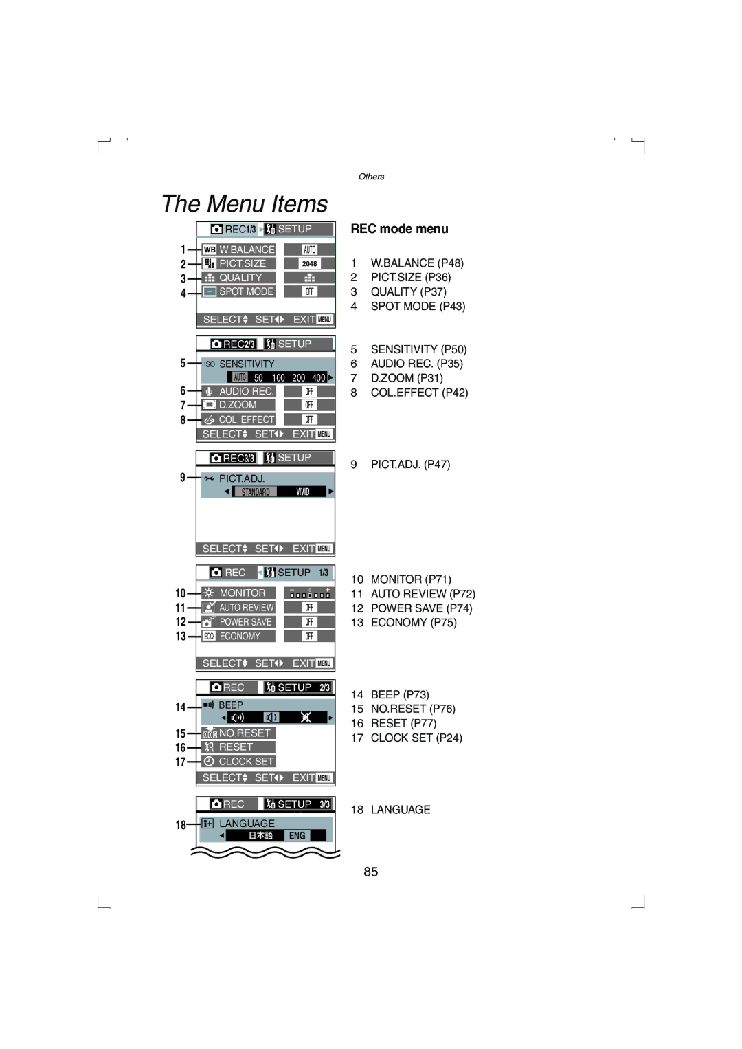 Panasonic DMC-LC33PP operating instructions Menu Items, REC mode menu 