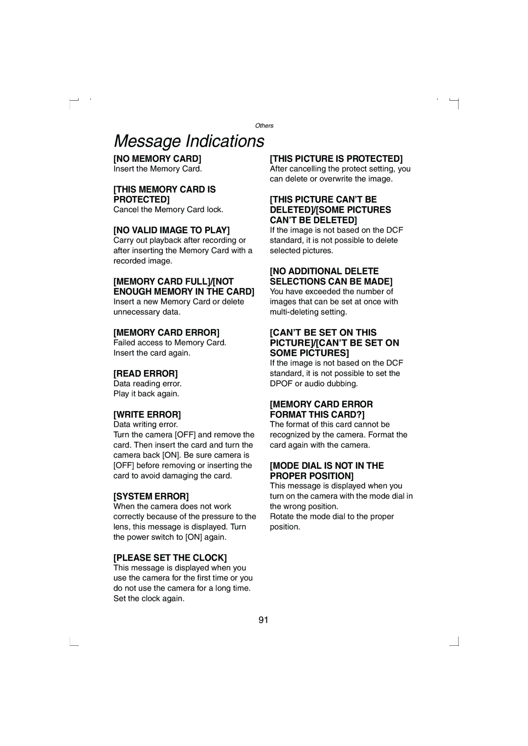 Panasonic DMC-LC33PP operating instructions Message Indications, No Memory Card This Picture is Protected 