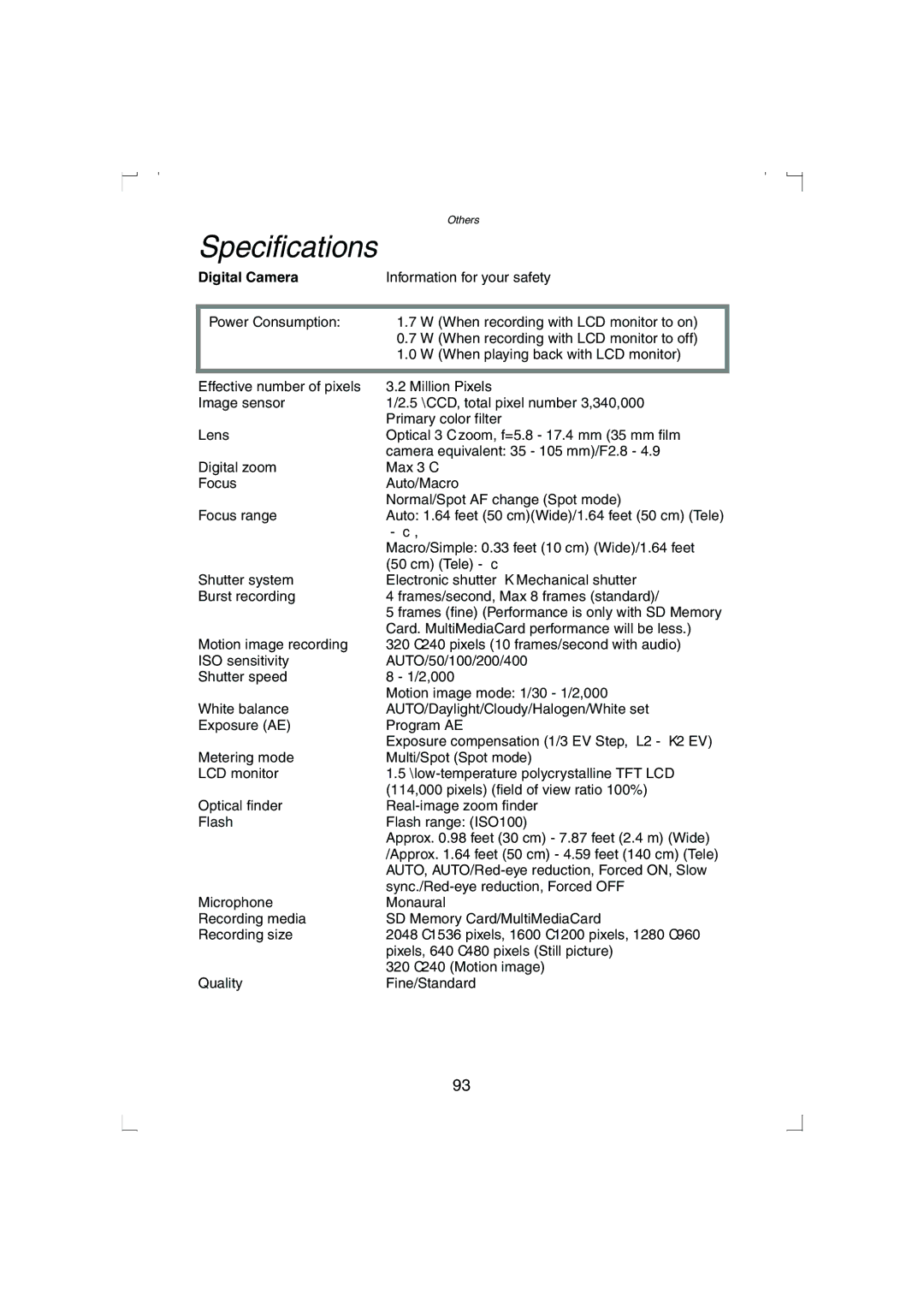 Panasonic DMC-LC33PP operating instructions Specifications, Digital Camera 