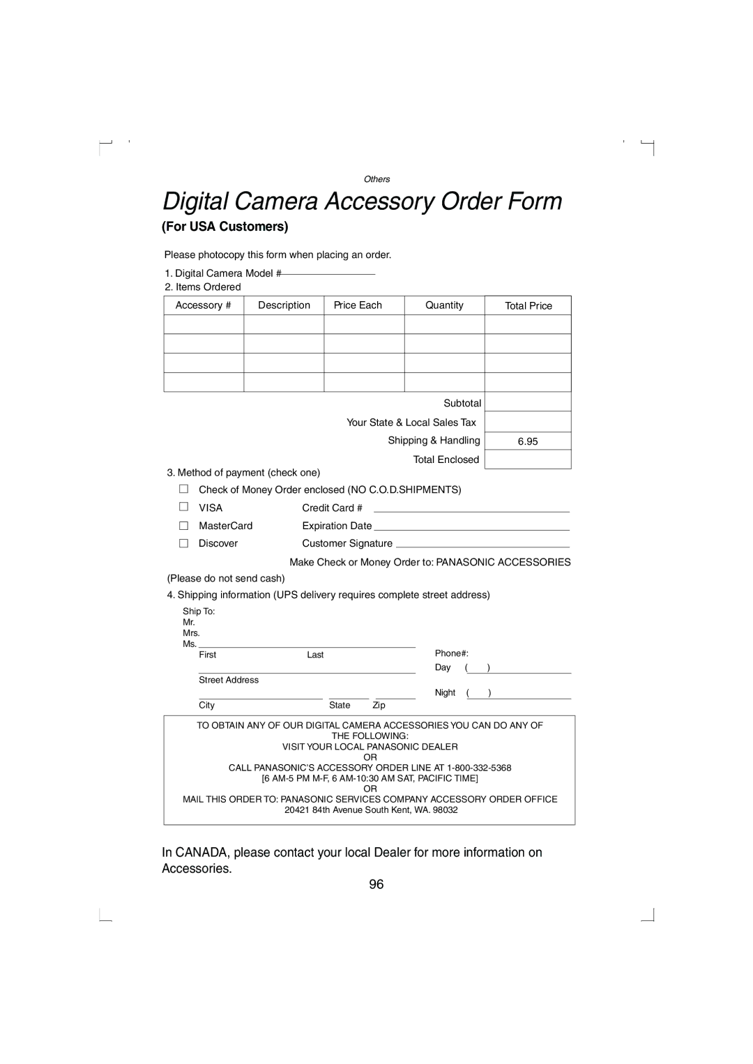 Panasonic DMC-LC33PP operating instructions Digital Camera Accessory Order Form, For USA Customers 