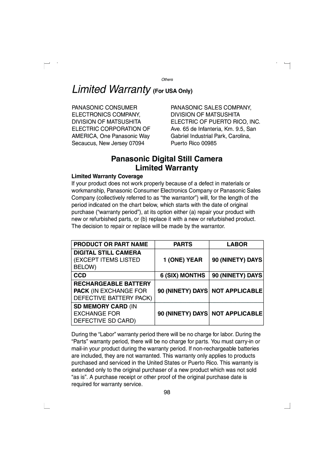 Panasonic DMC-LC33PP operating instructions Limited Warranty For USA Only, Limited Warranty Coverage 