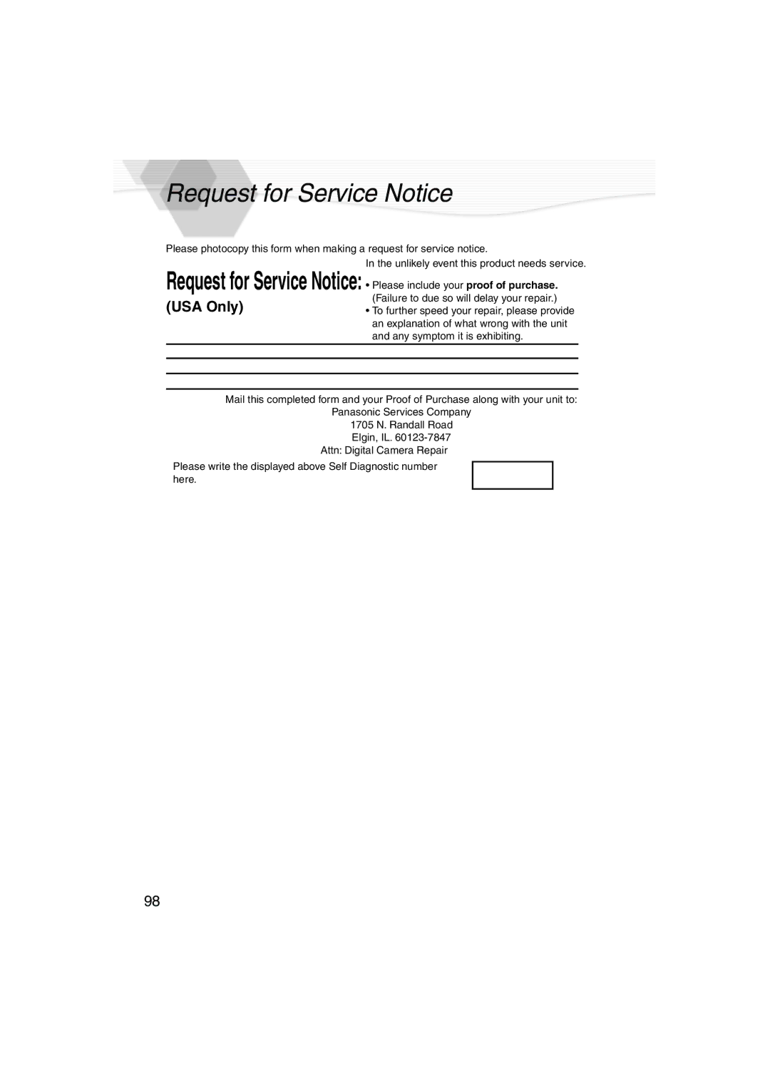 Panasonic DMC-LC40PP operating instructions Request for Service Notice 