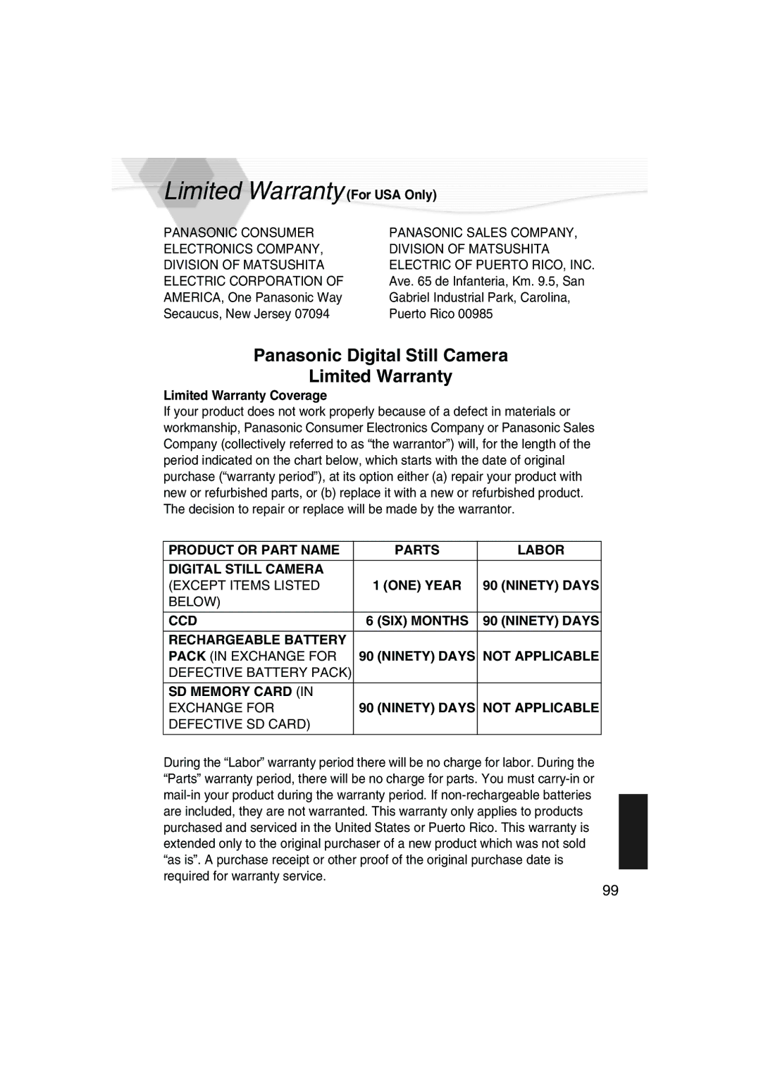 Panasonic DMC-LC40PP operating instructions Limited Warranty For USA Only, Panasonic Digital Still Camera Limited Warranty 