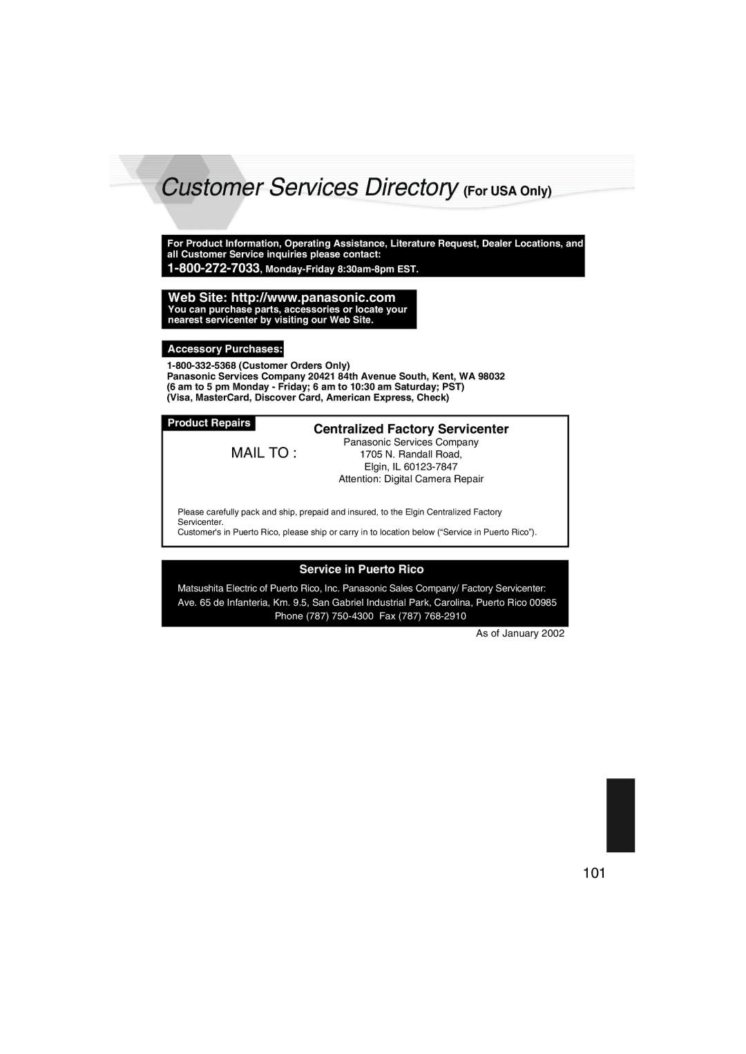 Panasonic DMC-LC40PP operating instructions Customer Services Directory For USA Only, Accessory Purchases 