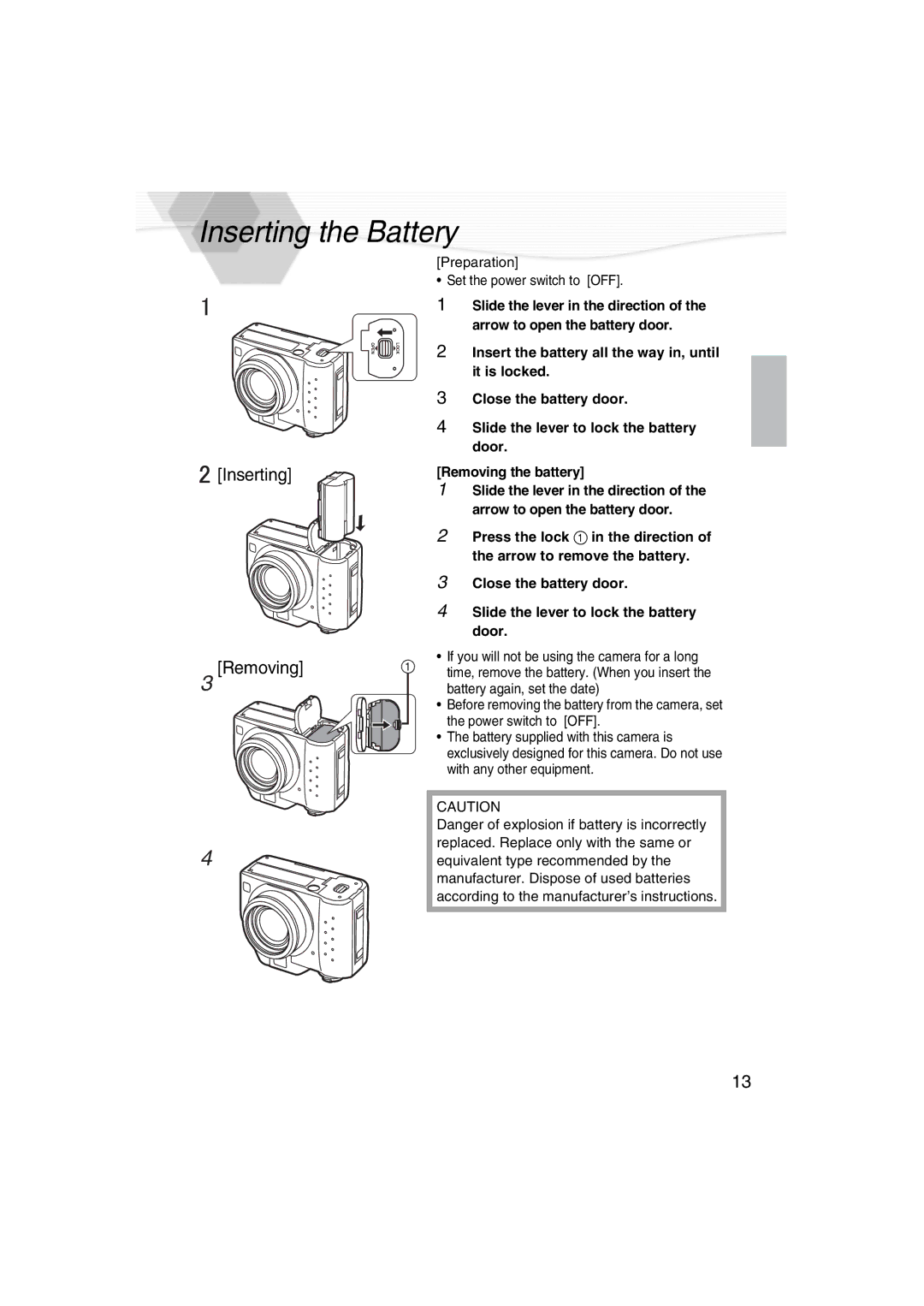 Panasonic DMC-LC40PP operating instructions Inserting the Battery, Removing the battery, Arrow to open the battery door 