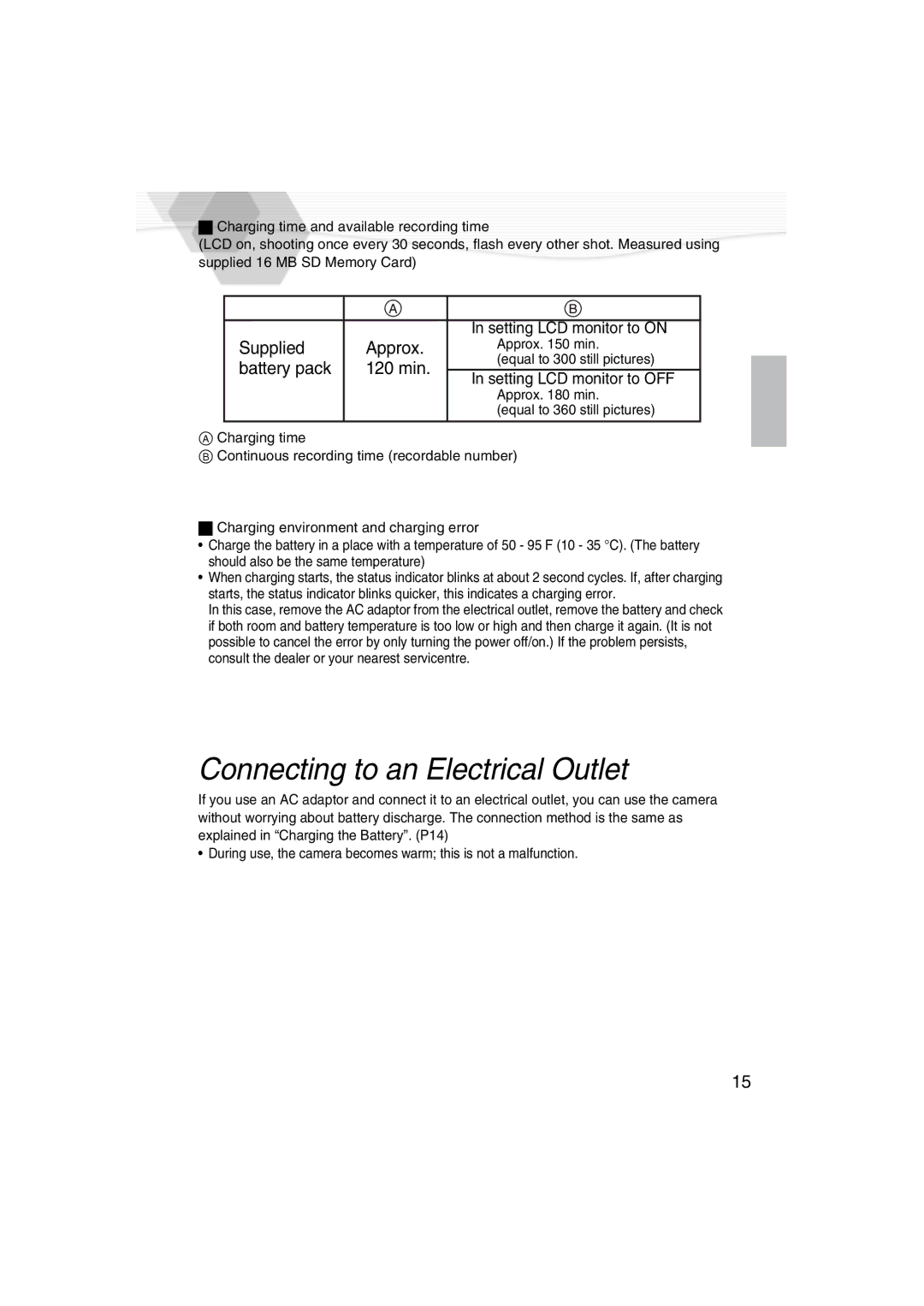 Panasonic DMC-LC40PP operating instructions Connecting to an Electrical Outlet, Battery pack 120 min 