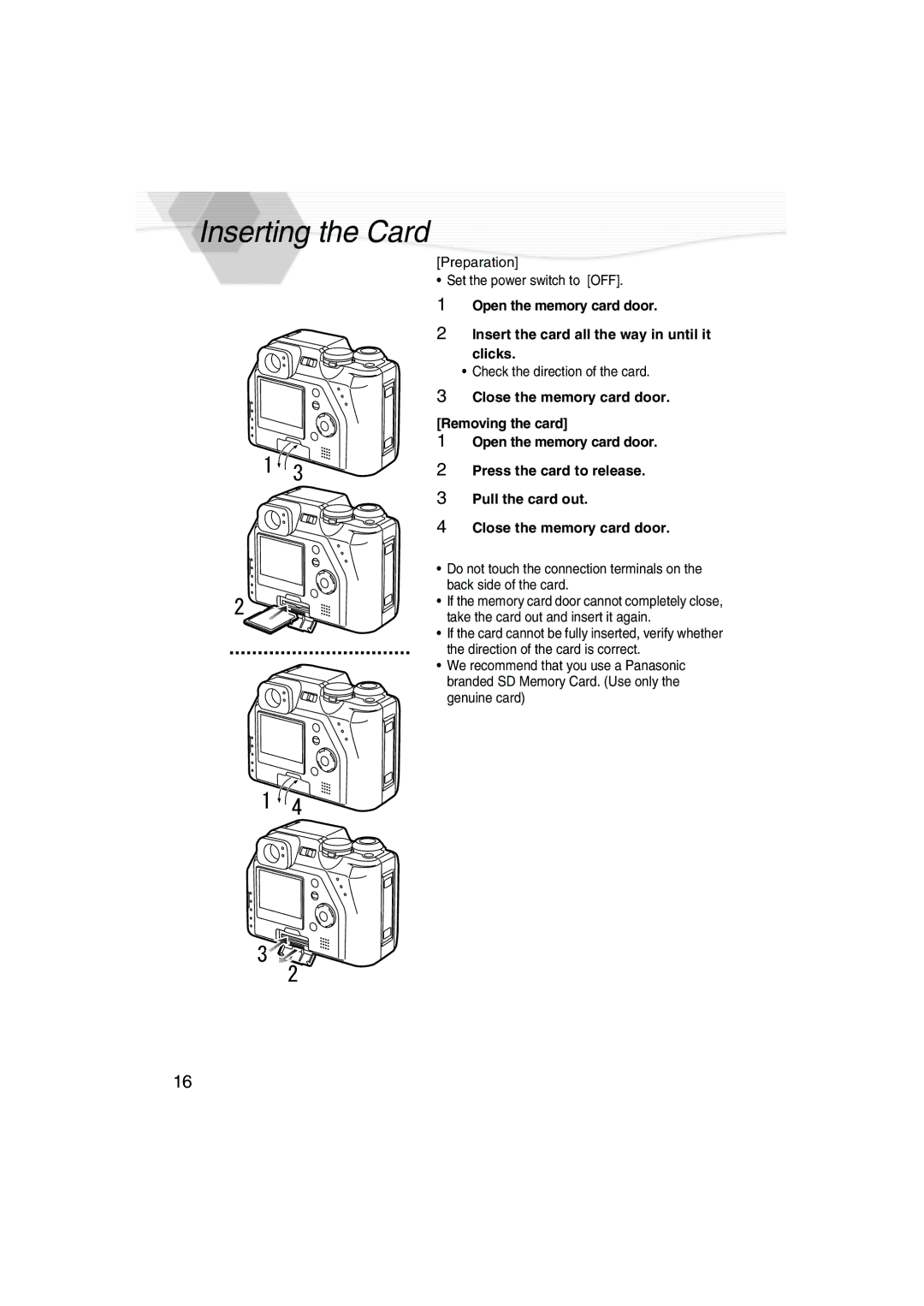 Panasonic DMC-LC40PP operating instructions Inserting the Card 