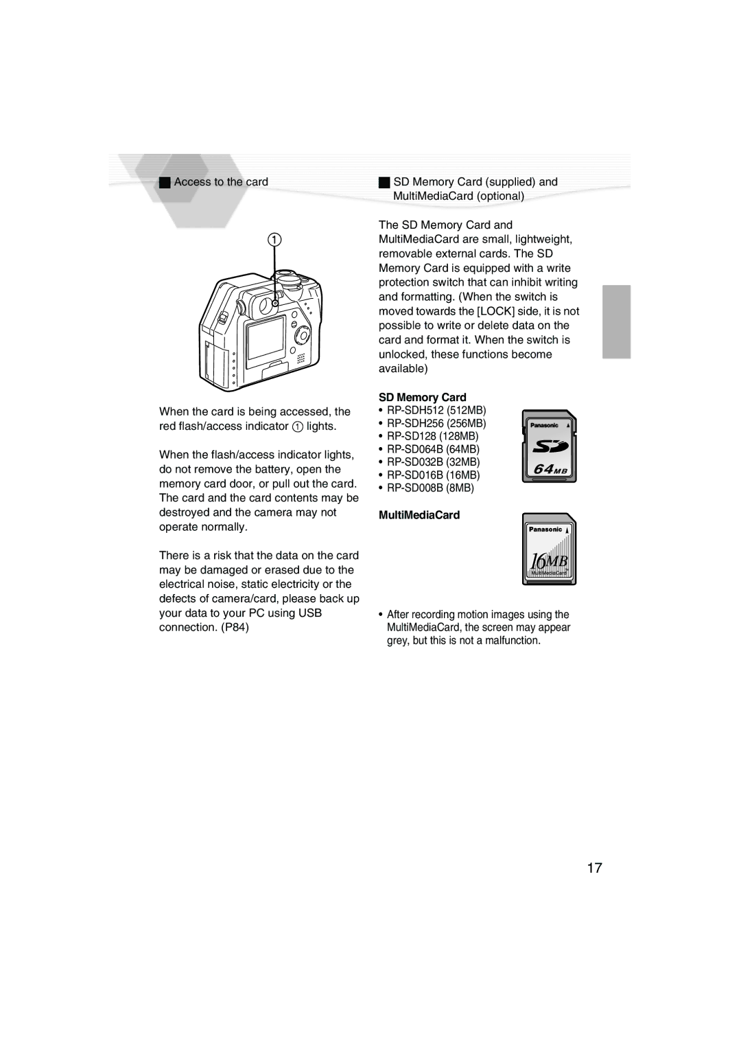 Panasonic DMC-LC40PP operating instructions SD Memory Card, MultiMediaCard 