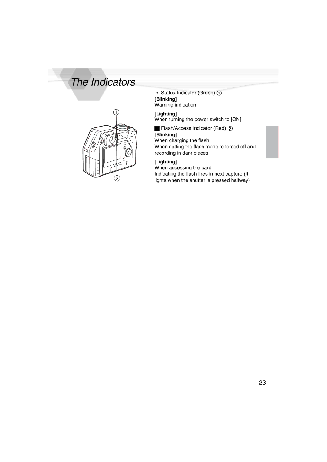 Panasonic DMC-LC40PP operating instructions Indicators, Blinking Warning indication Lighting 