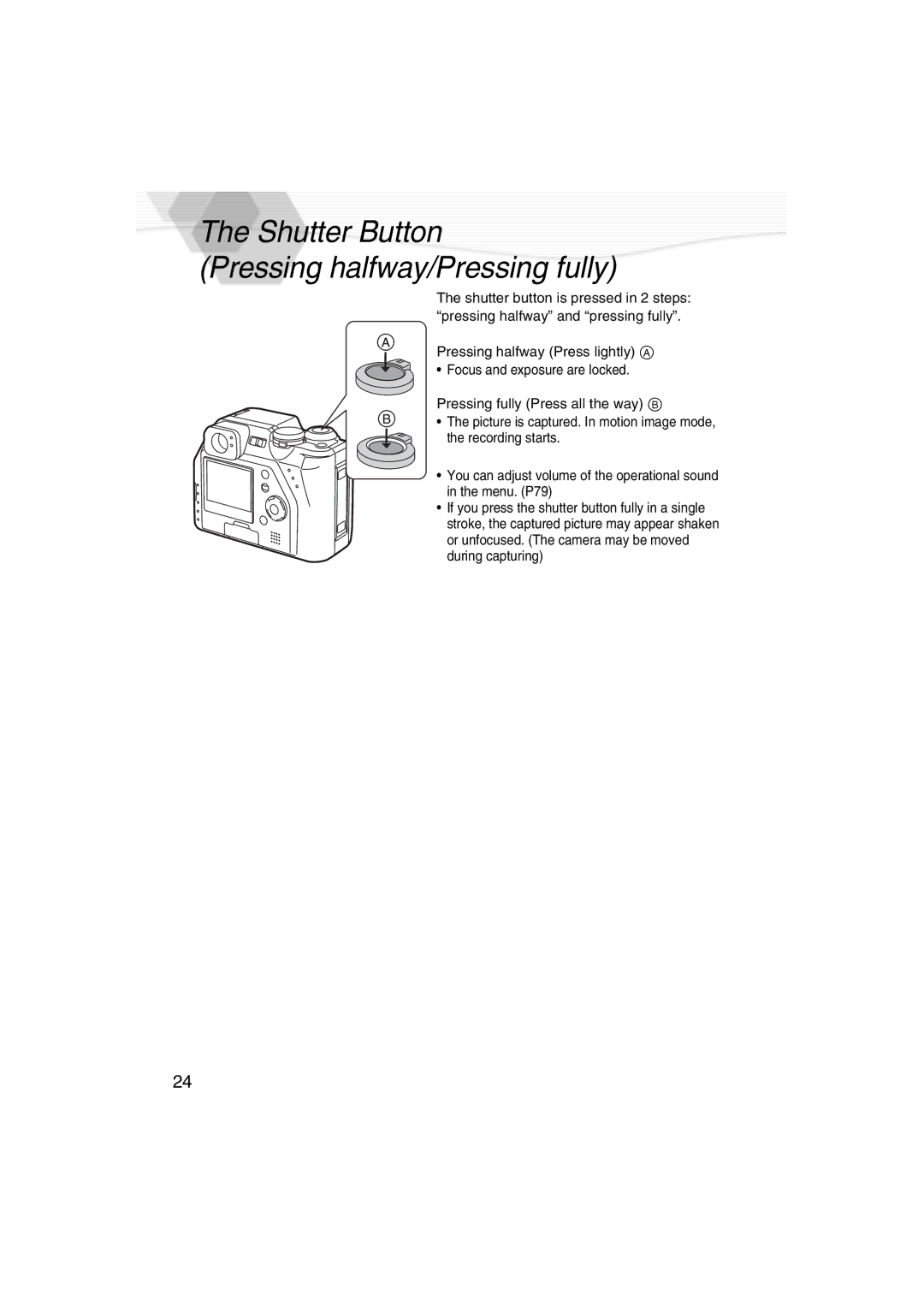 Panasonic DMC-LC40PP operating instructions Shutter Button Pressing halfway/Pressing fully 