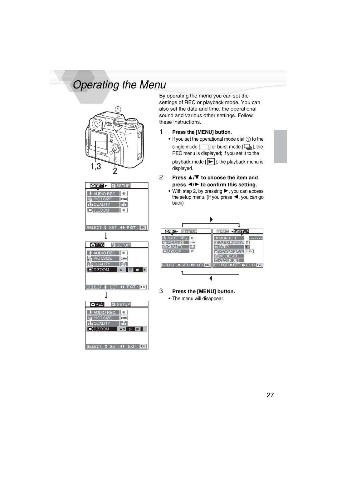 Panasonic DMC-LC40PP operating instructions Operating the Menu, Press the Menu button 