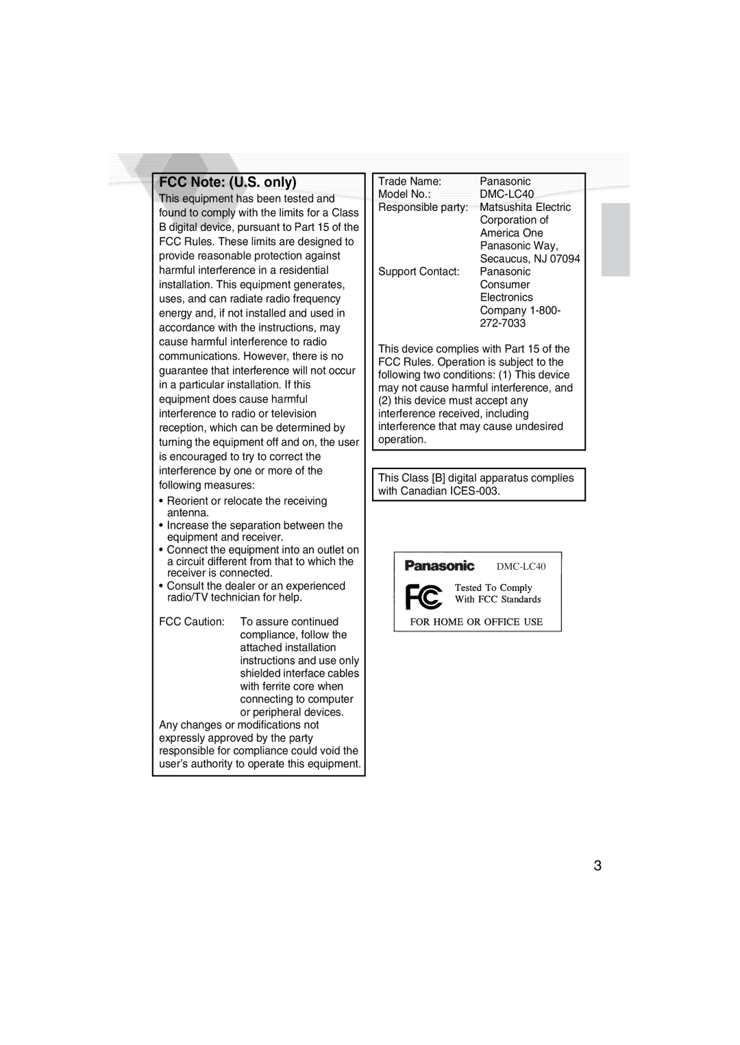 Panasonic DMC-LC40PP operating instructions FCC Note U.S. only 