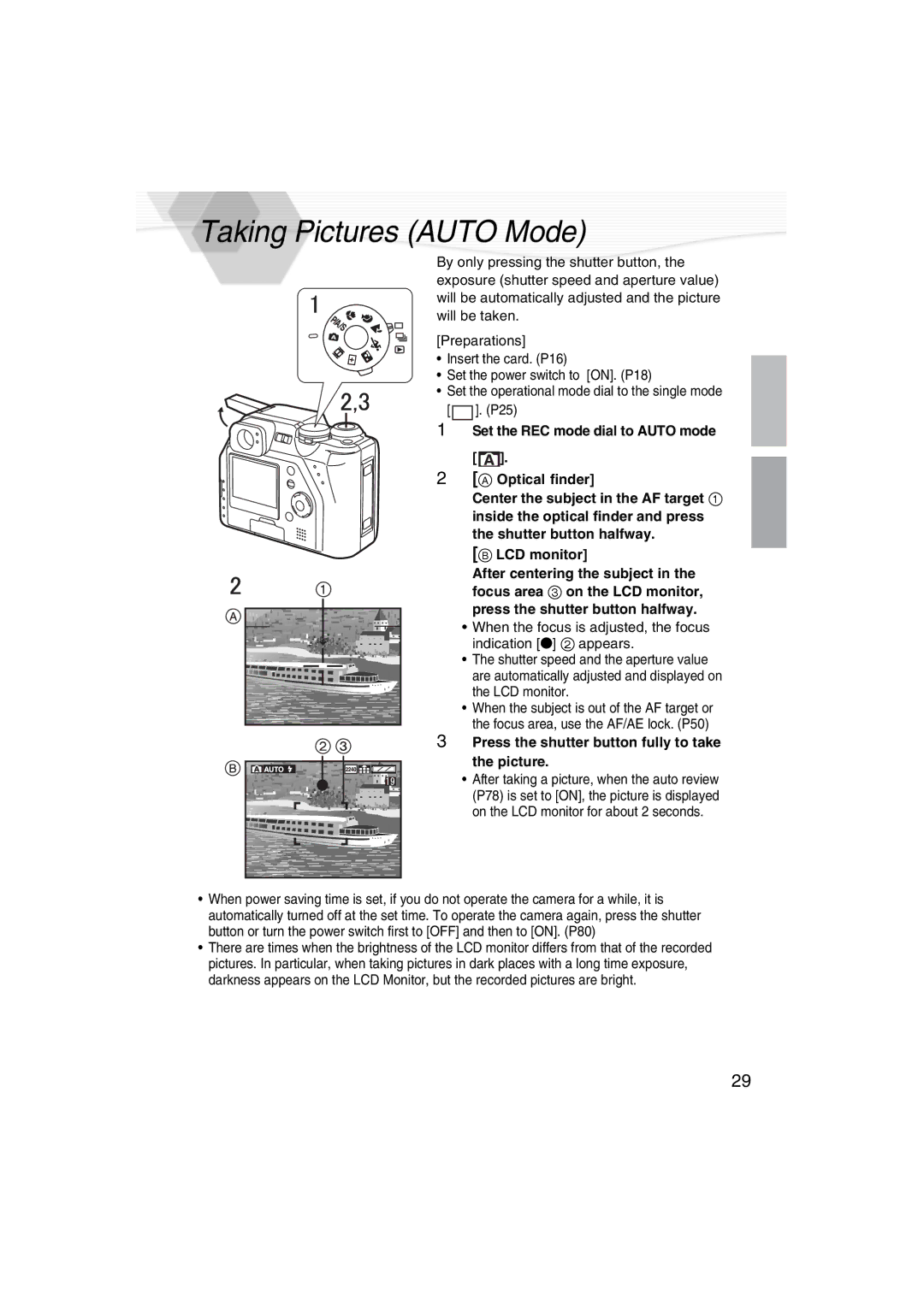 Panasonic DMC-LC40PP Taking Pictures Auto Mode, LCD monitor, Press the shutter button fully to take the picture 