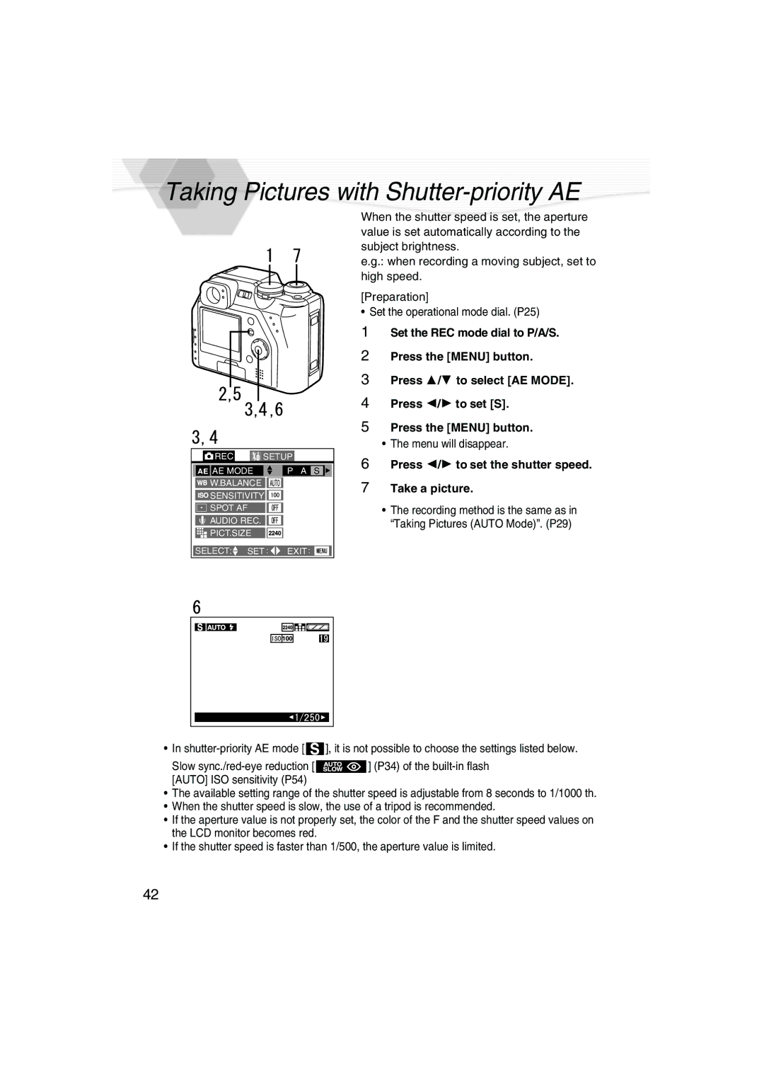 Panasonic DMC-LC40PP Taking Pictures with Shutter-priority AE, Press 2/1 to set the shutter speed Take a picture 