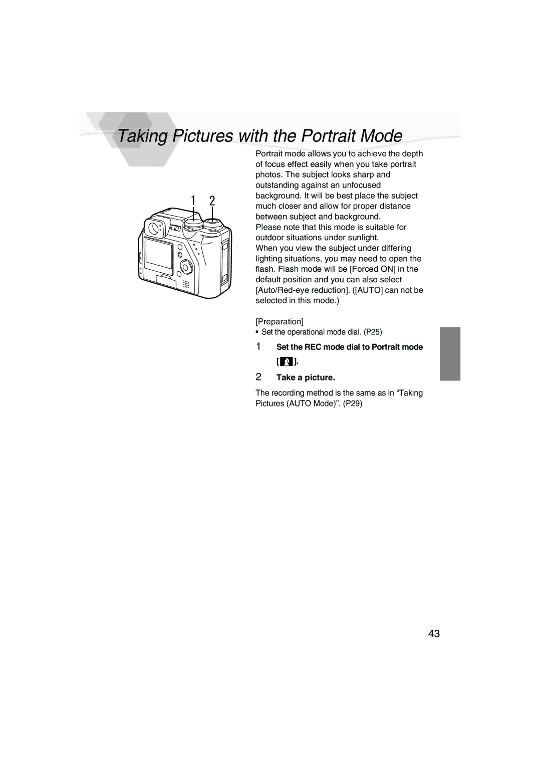 Panasonic DMC-LC40PP Taking Pictures with the Portrait Mode, Set the REC mode dial to Portrait mode Take a picture 