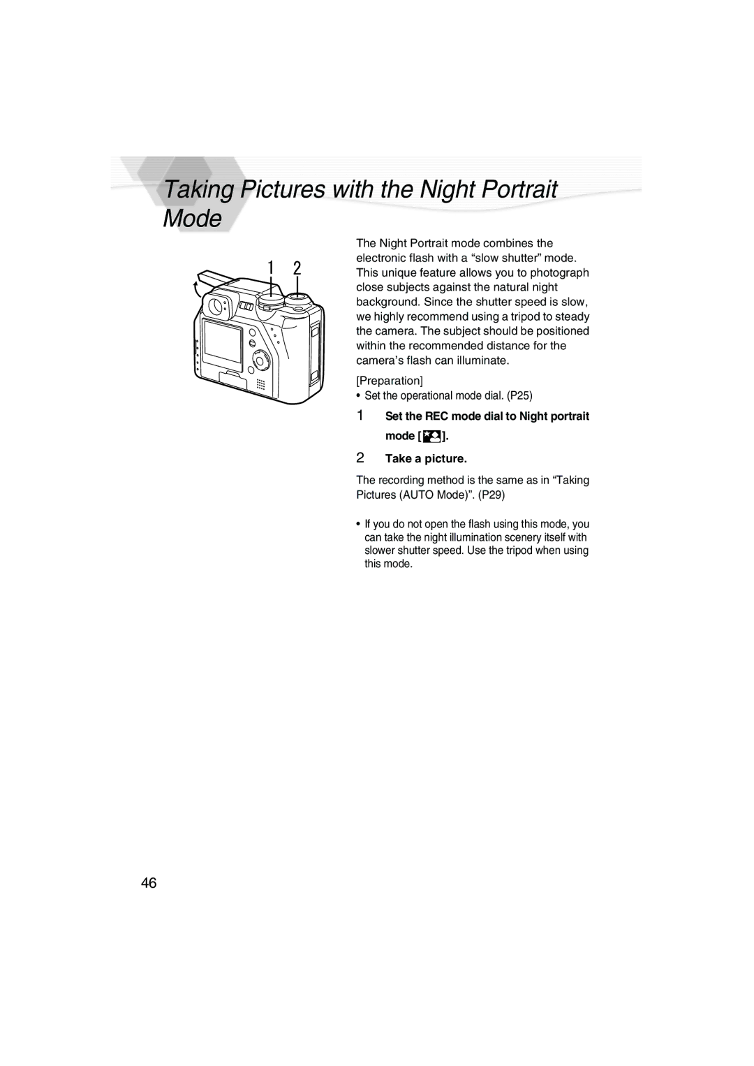 Panasonic DMC-LC40PP operating instructions Taking Pictures with the Night Portrait Mode 