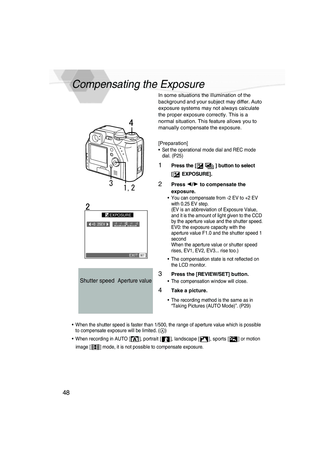 Panasonic DMC-LC40PP operating instructions Compensating the Exposure, Shutter speed Aperture value 