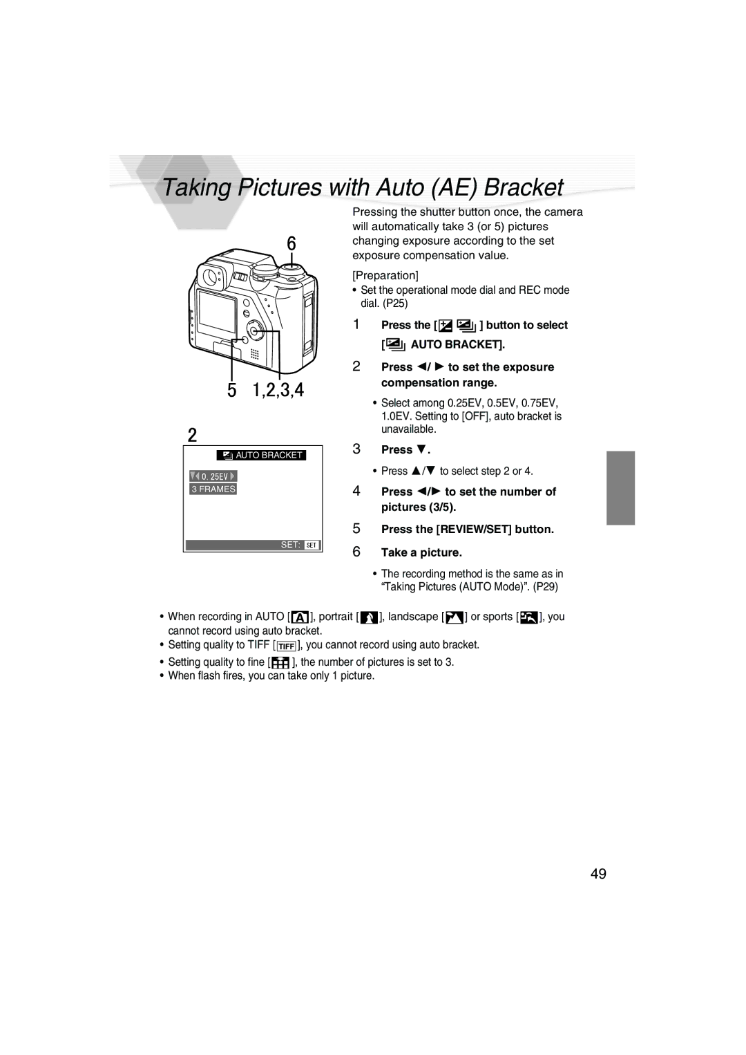 Panasonic DMC-LC40PP operating instructions Taking Pictures with Auto AE Bracket, Press the button to select, Pictures 3/5 