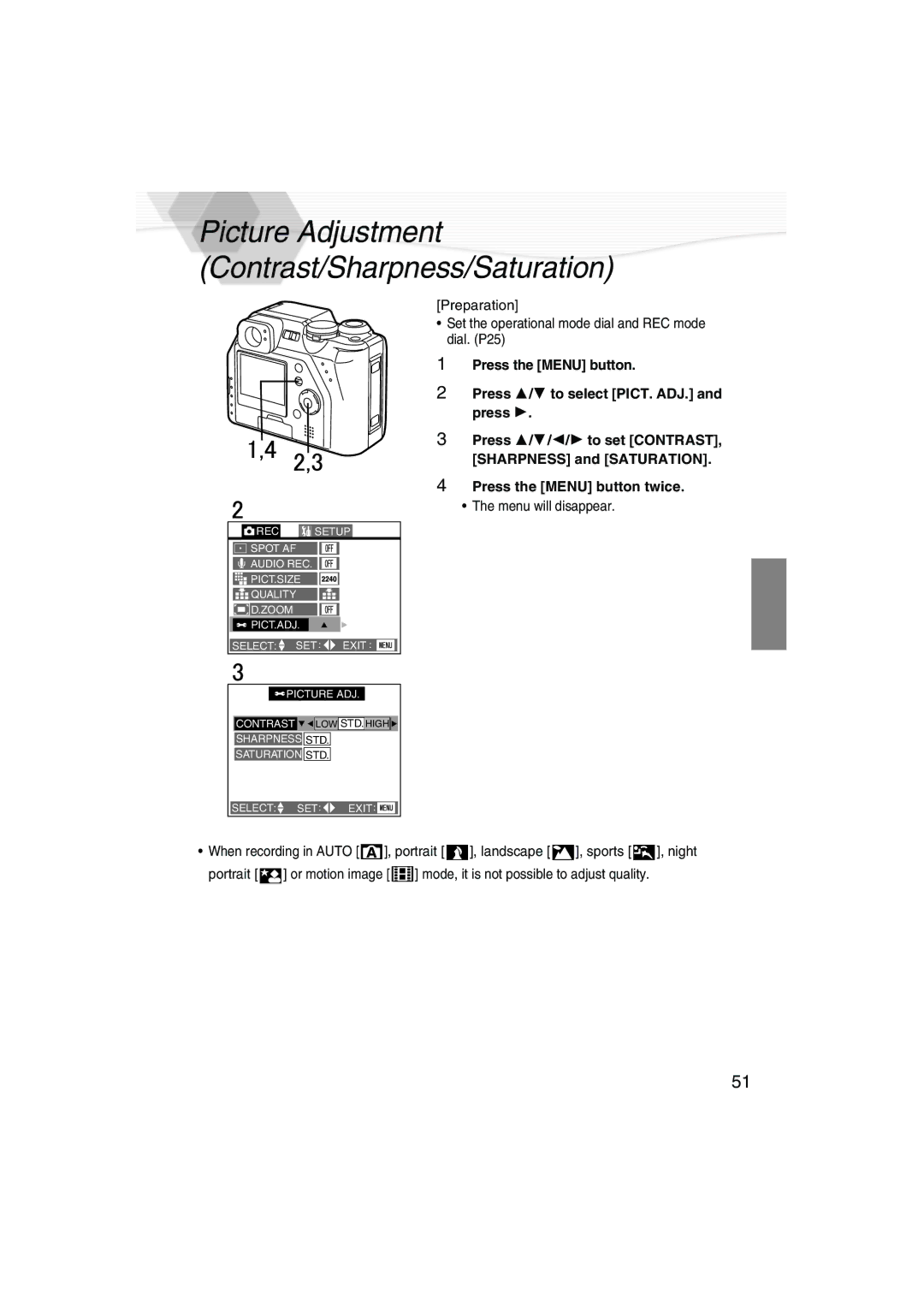 Panasonic DMC-LC40PP operating instructions Picture Adjustment Contrast/Sharpness/Saturation 