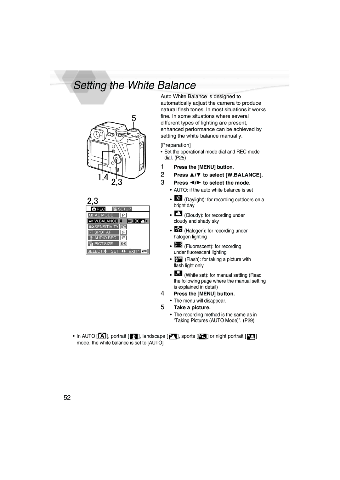 Panasonic DMC-LC40PP operating instructions Setting the White Balance, Press the Menu button 