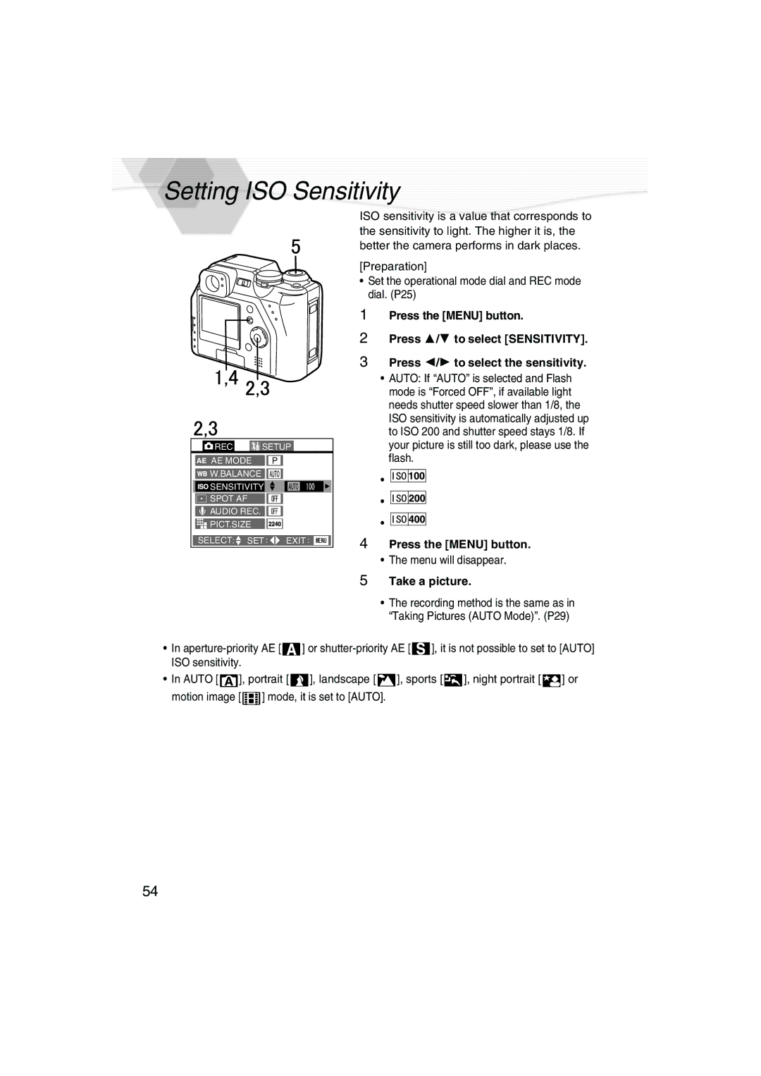 Panasonic DMC-LC40PP operating instructions Setting ISO Sensitivity 