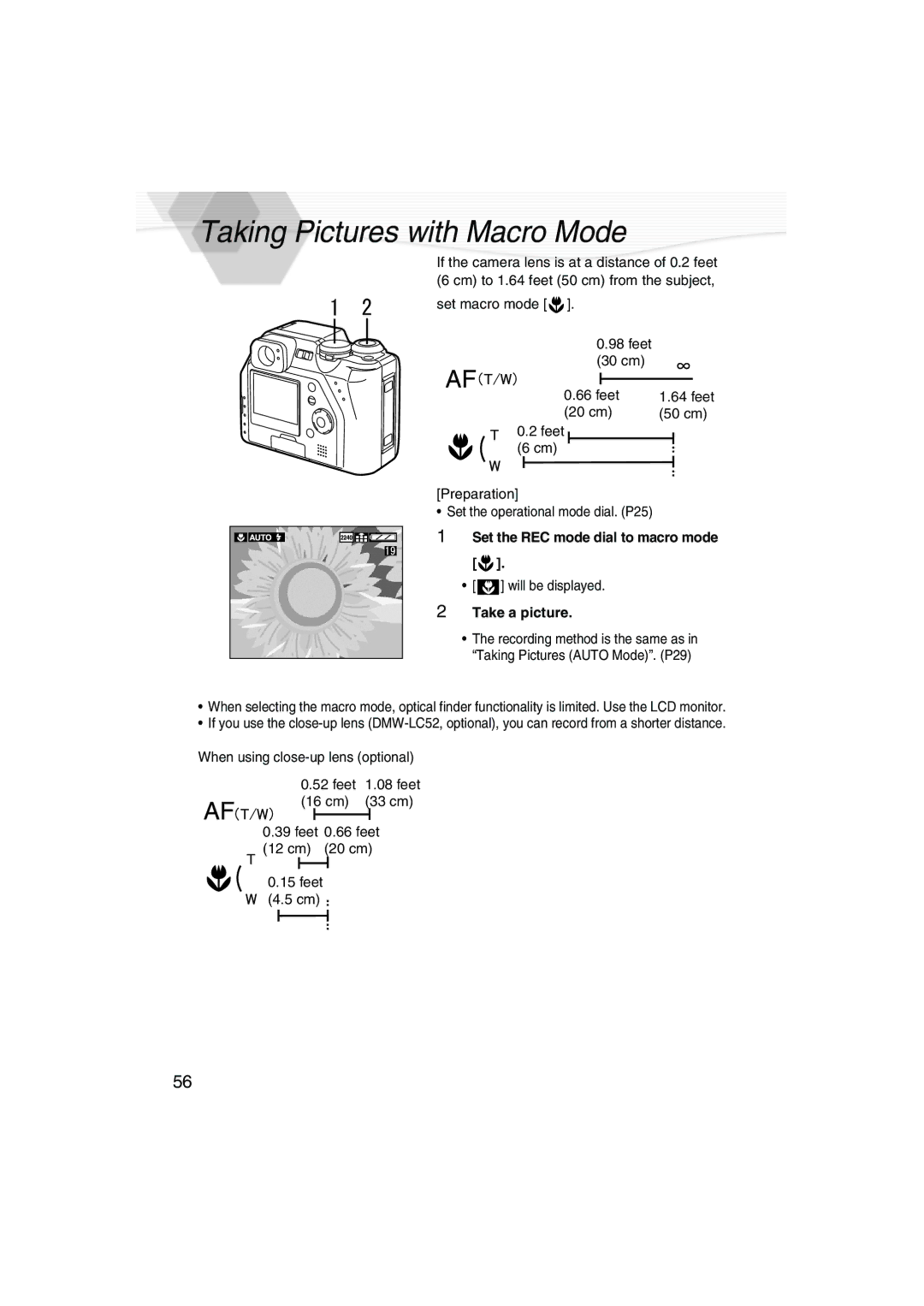 Panasonic DMC-LC40PP operating instructions Taking Pictures with Macro Mode, Set the REC mode dial to macro mode 