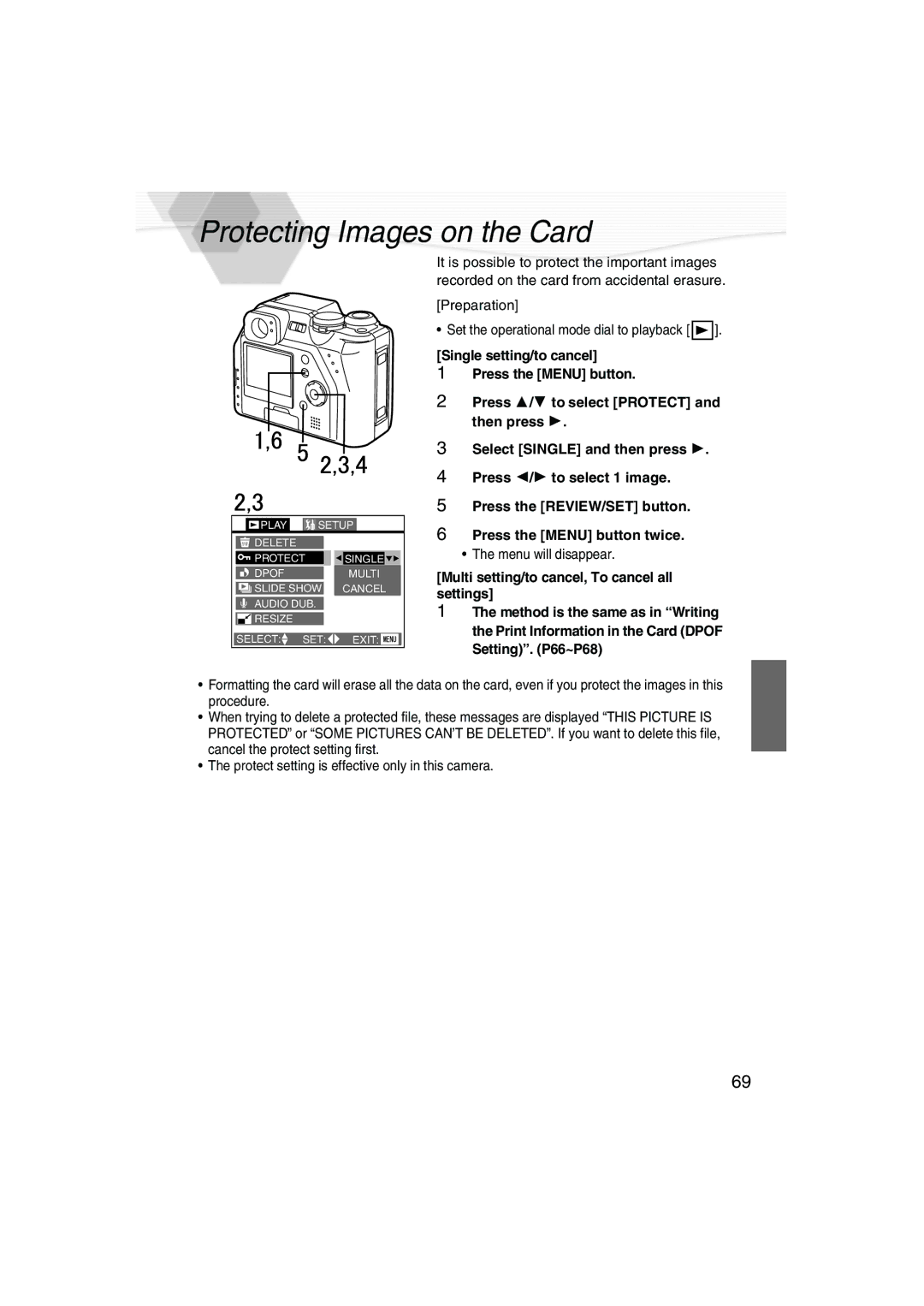 Panasonic DMC-LC40PP operating instructions Protecting Images on the Card, Multi setting/to cancel, To cancel all settings 