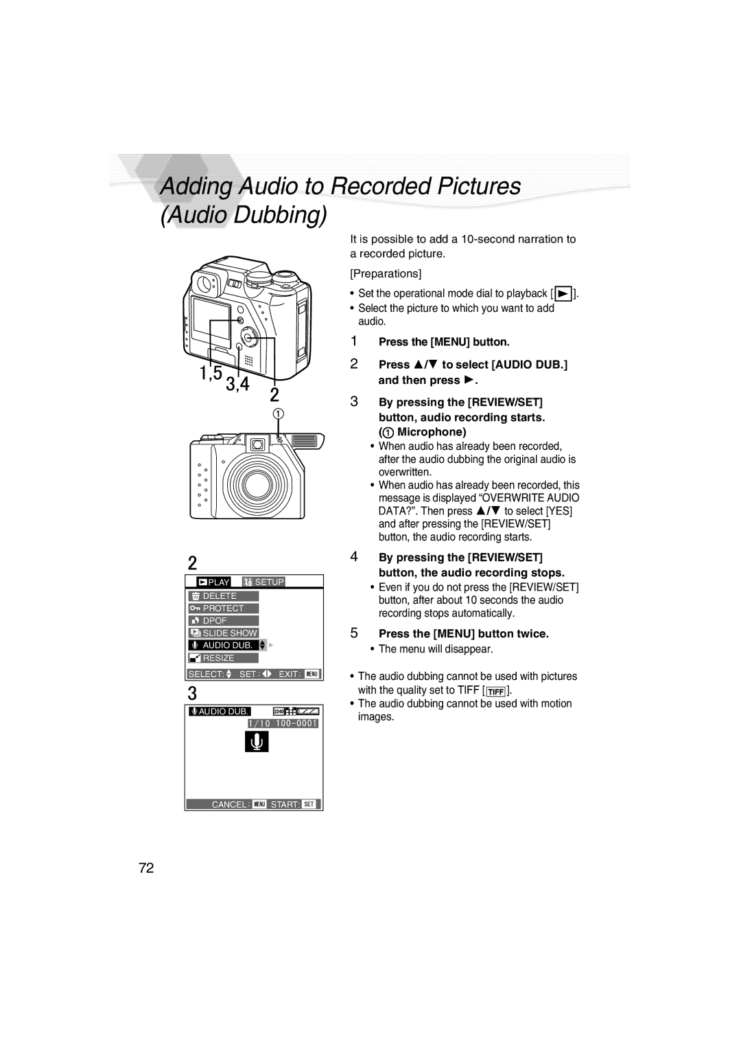 Panasonic DMC-LC40PP operating instructions Adding Audio to Recorded Pictures Audio Dubbing, Press the Menu button twice 