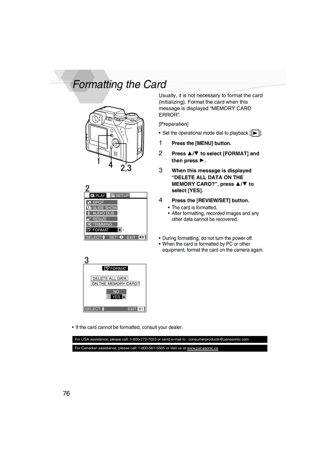 Panasonic DMC-LC40PP operating instructions Formatting the Card, If the card cannot be formatted, consult your dealer 