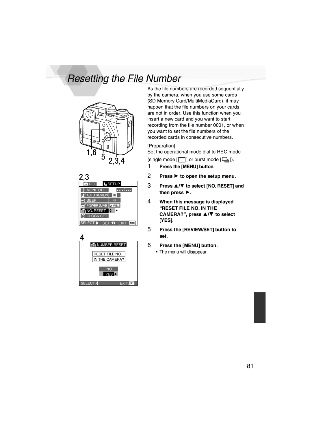 Panasonic DMC-LC40PP operating instructions Resetting the File Number 