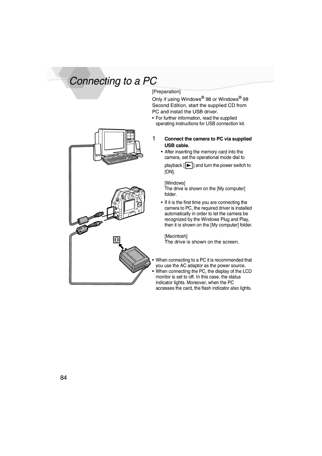 Panasonic DMC-LC40PP operating instructions Connecting to a PC, Connect the camera to PC via supplied USB cable 