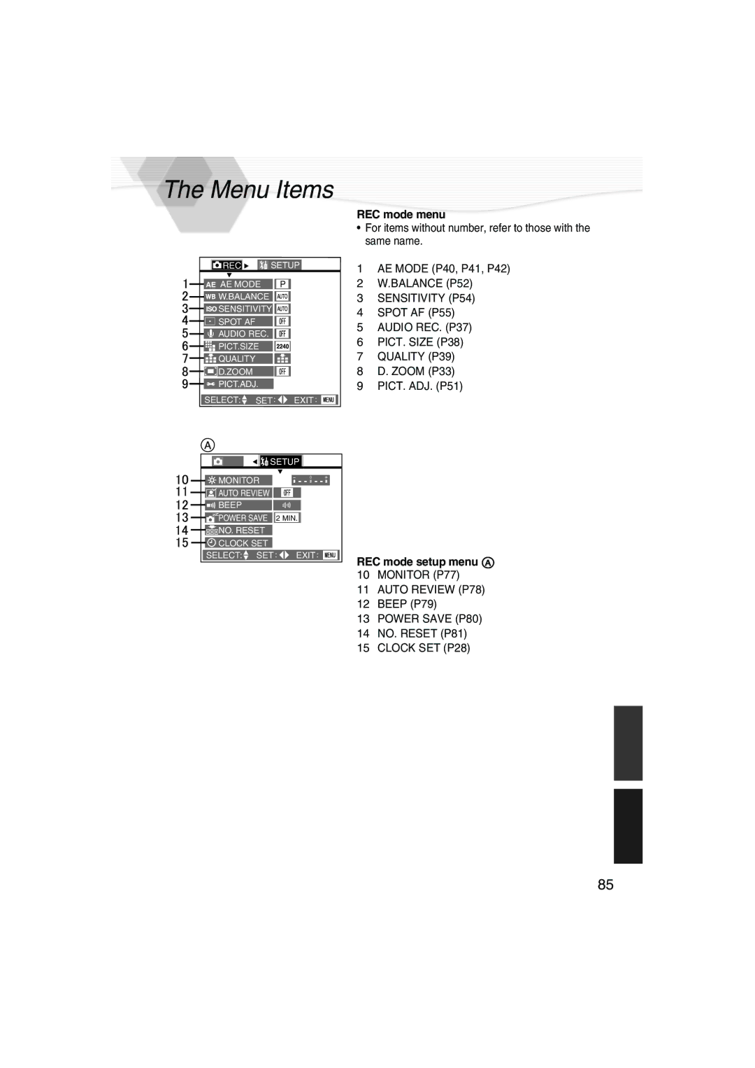 Panasonic DMC-LC40PP operating instructions Menu Items, REC mode menu 