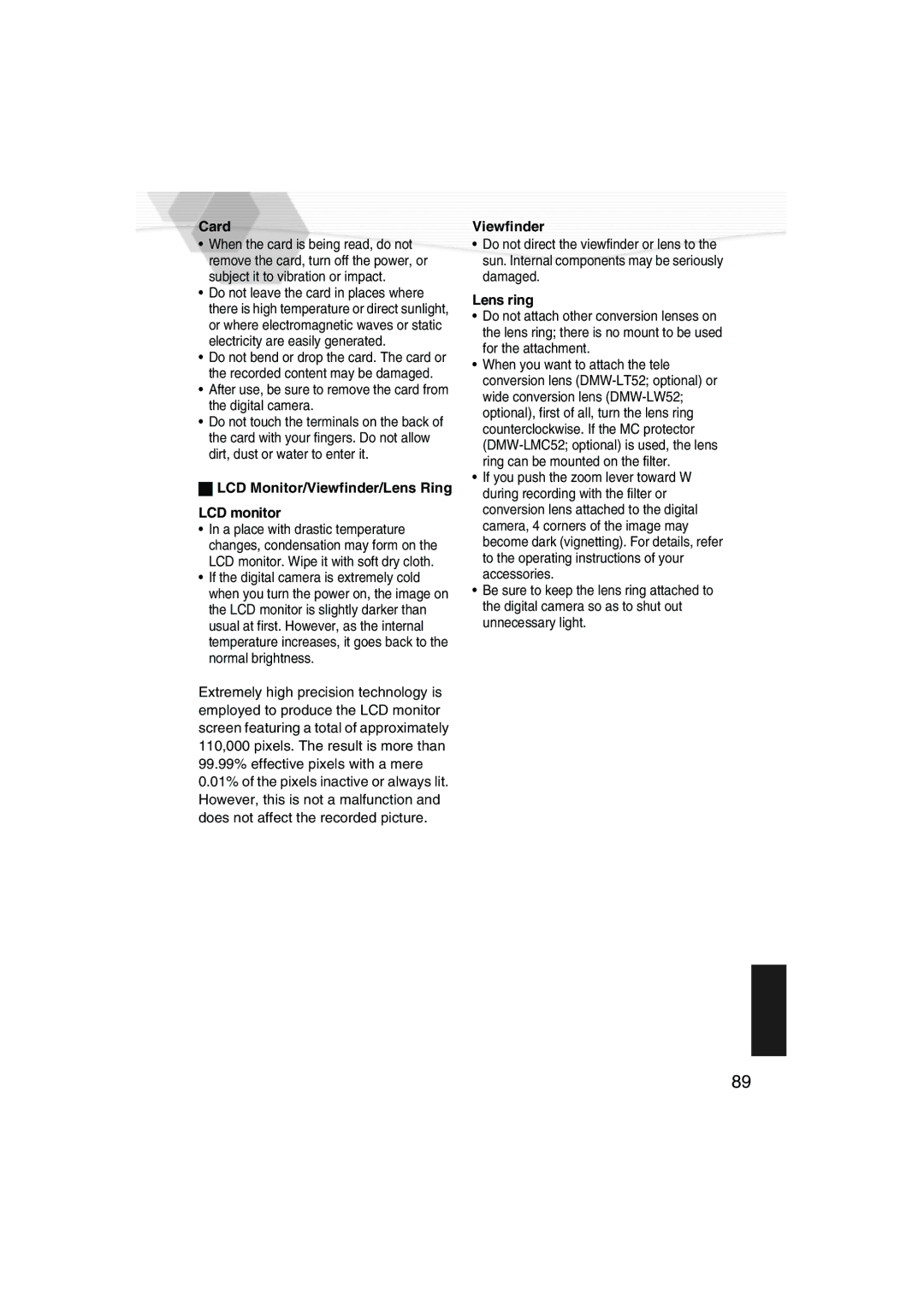 Panasonic DMC-LC40PP operating instructions Card, LCD Monitor/Viewfinder/Lens Ring LCD monitor, Lens ring 